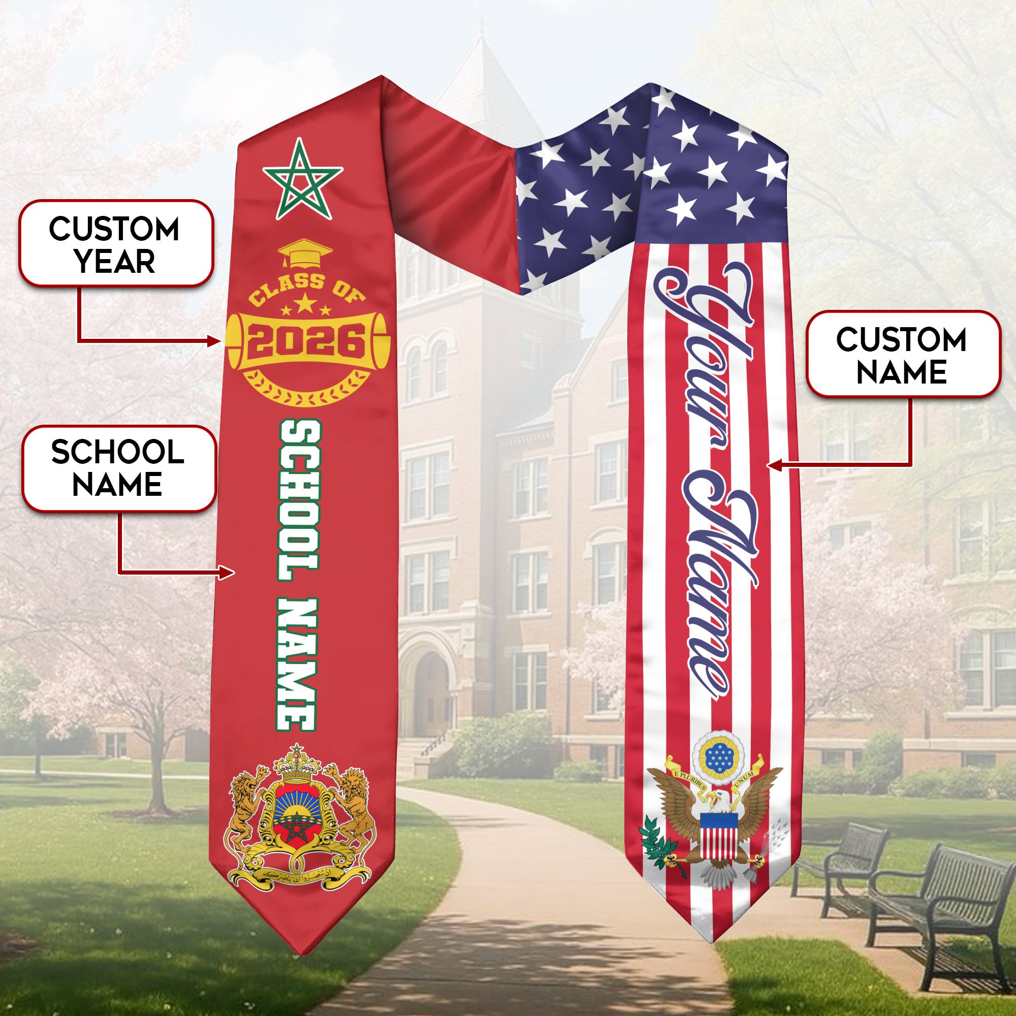 Class of 2026 Morocco Graduation Stole, Moroccan Flag Sash, Custom Style Grad Accessory