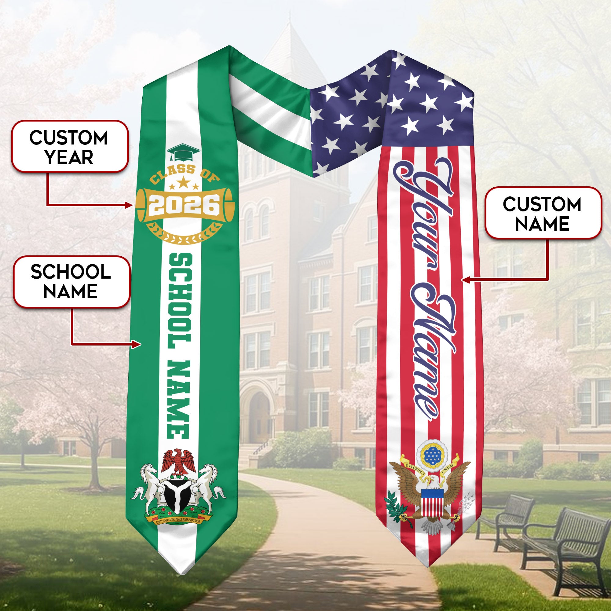 Class of 2026 Nigeria Graduation Stole, Nigerian Flag Sash, Custom Style Grad Accessory