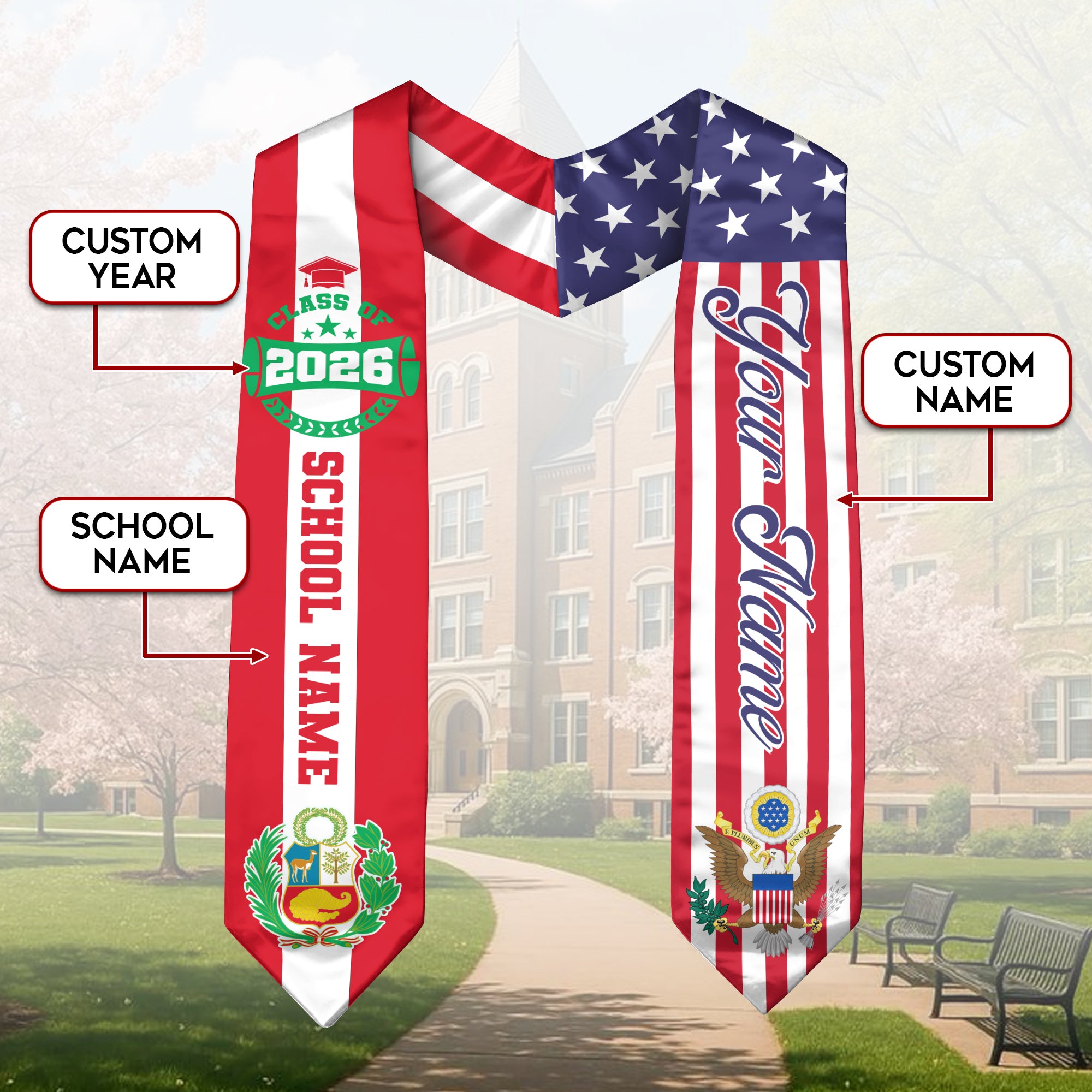 Class of 2026 Peru Graduation Stole, Peruvian Flag Sash, Custom Style Grad Accessory