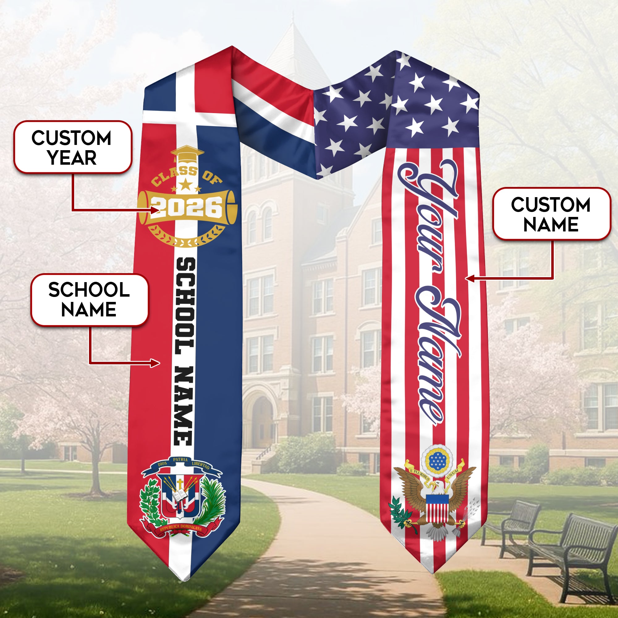 Dominican Republic Graduation Sash 2026, Dominican Republic Flag Stole, Graduation Stole with Custom Accent