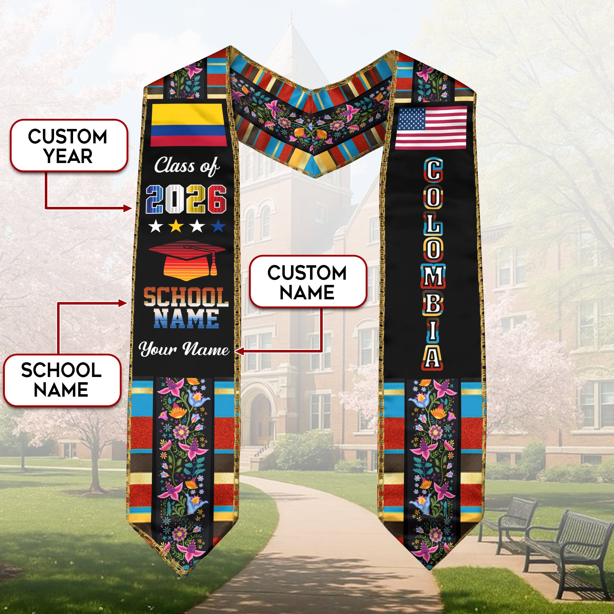 Colombia Graduation Sash 2026, Colombian Flag Graduation Stole, Customizable Detail Stole
