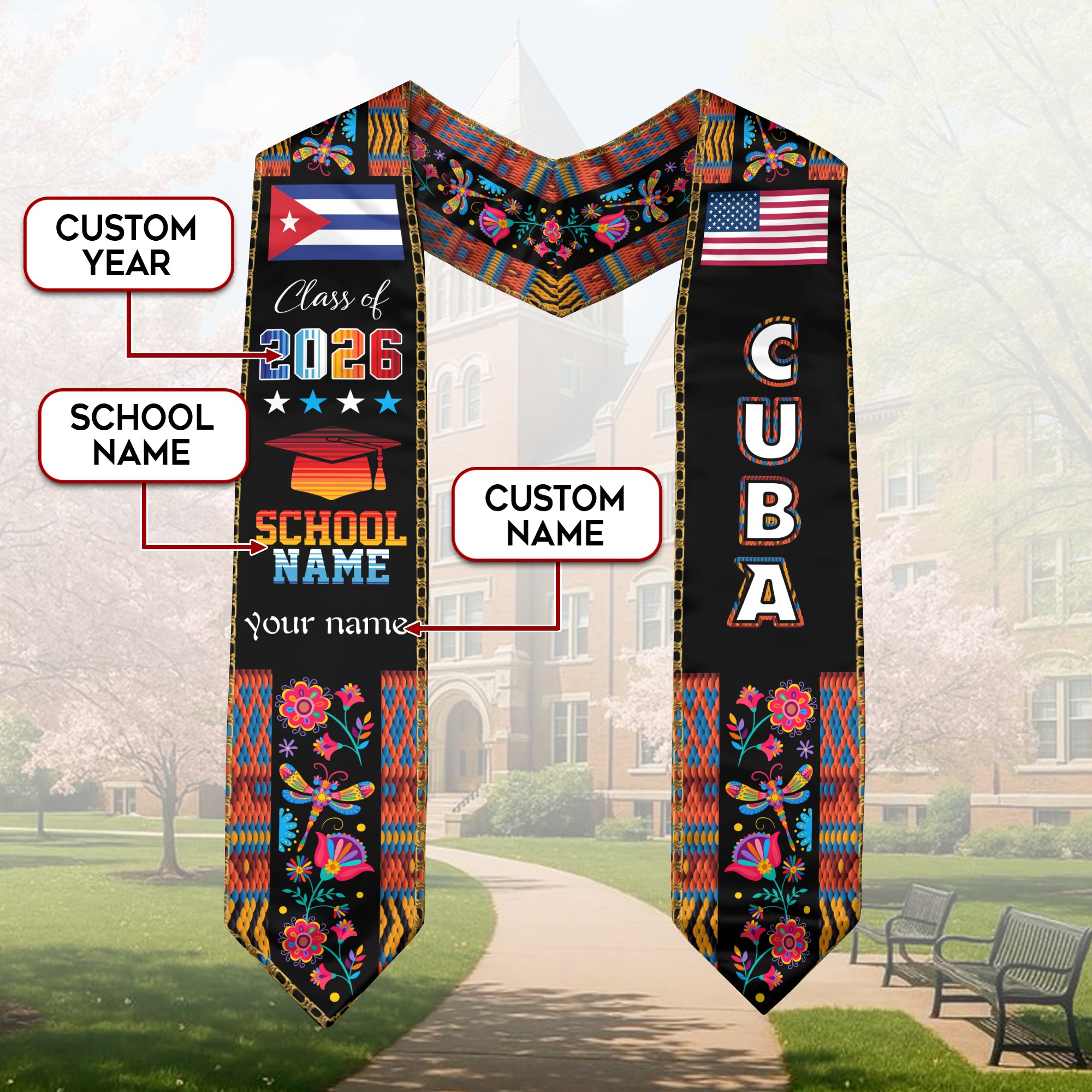 Cuba Graduation Sash 2026, Cuban Flag Graduation Stole, Customizable Detail Stole 2026