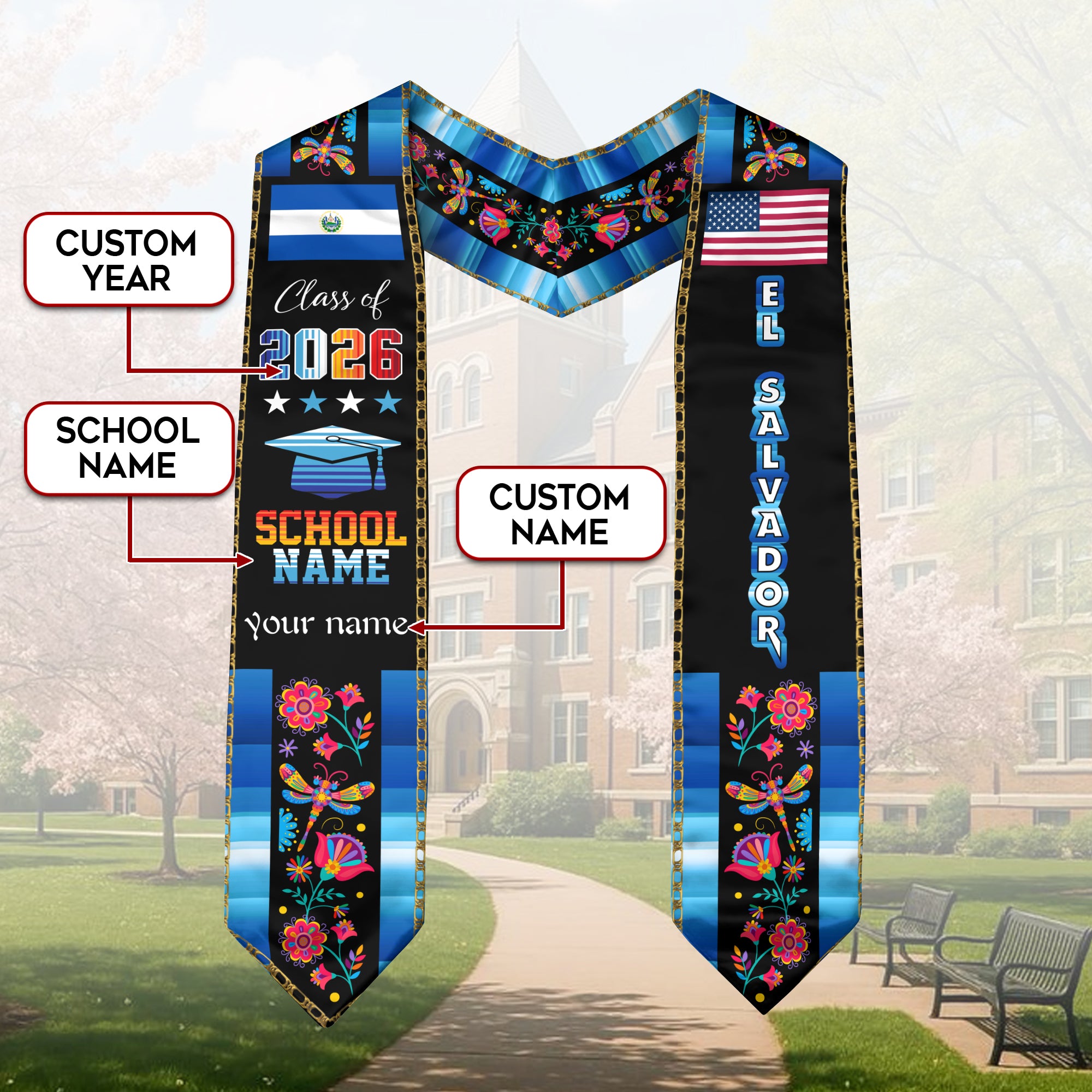 El Salvador Graduation Sash 2026, Salvadoran Flag Stole, Customizable Detail Grad Stole