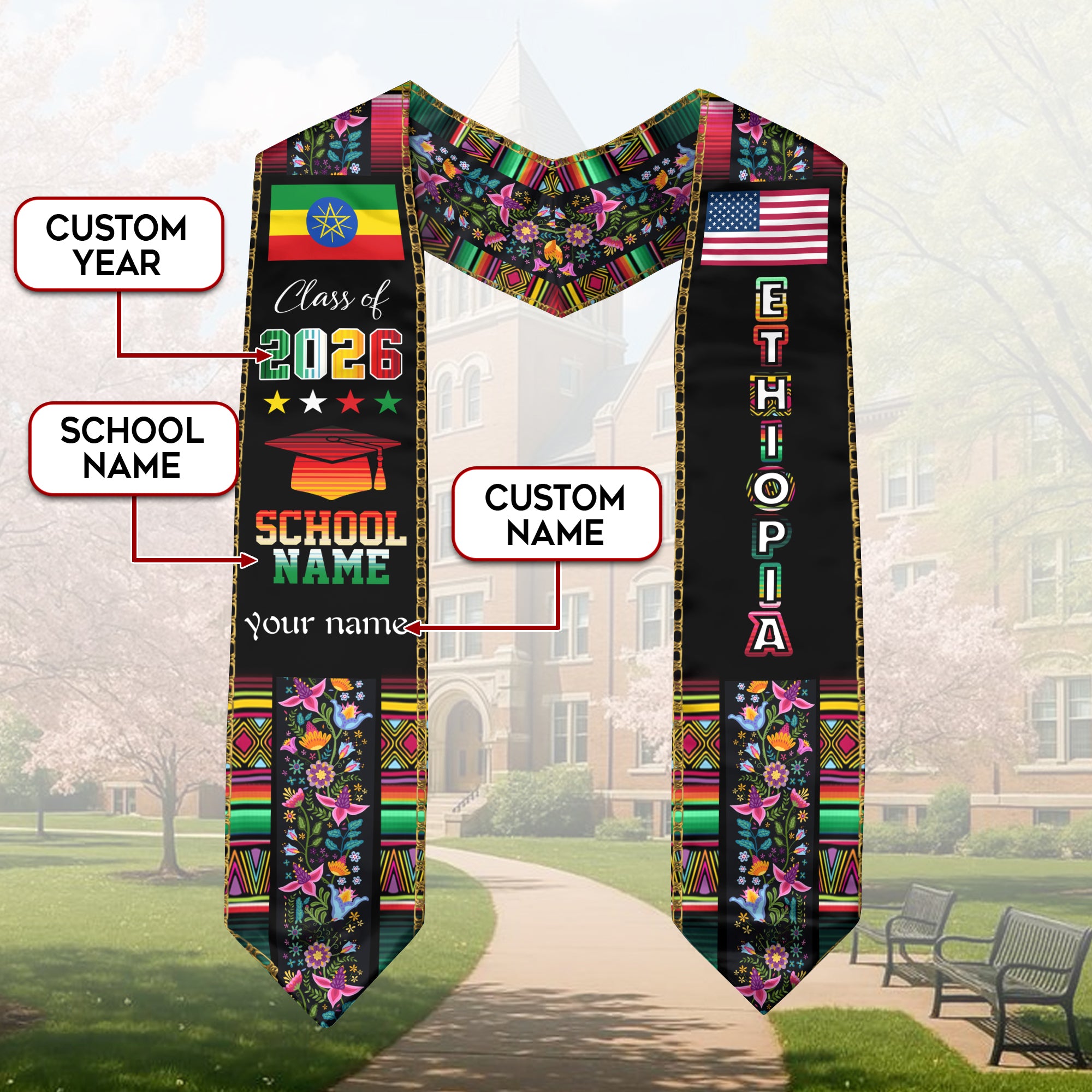 Ethiopia Graduation Sash 2026, Ethiopian Flag Graduation Stole, Personalized Finish for Grads