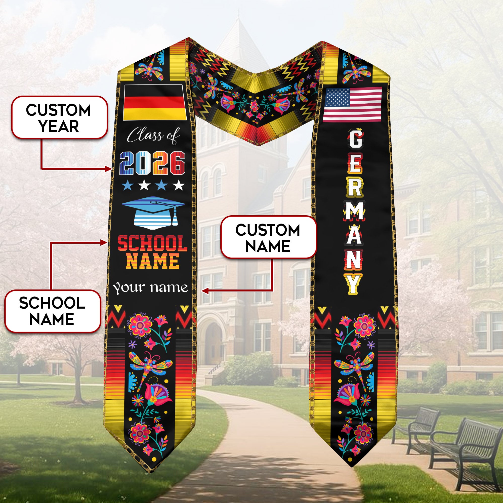 Germany Graduation Sash 2026, German Flag Graduation Stole, Personalized Finish for Grads