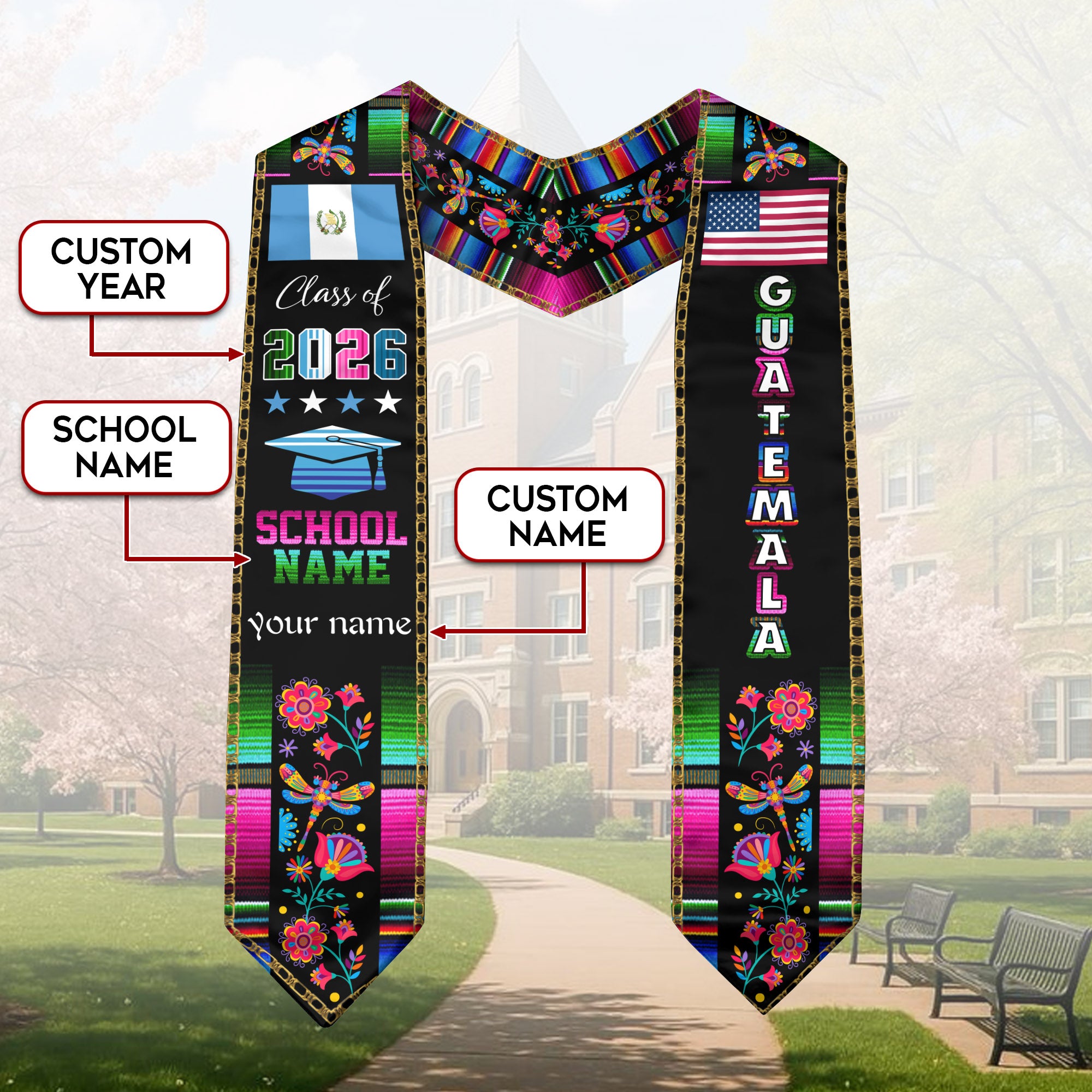 Guatemala Graduation Sash 2026, Guatemalan Flag Graduation Stole, Personalized Finish for Grads