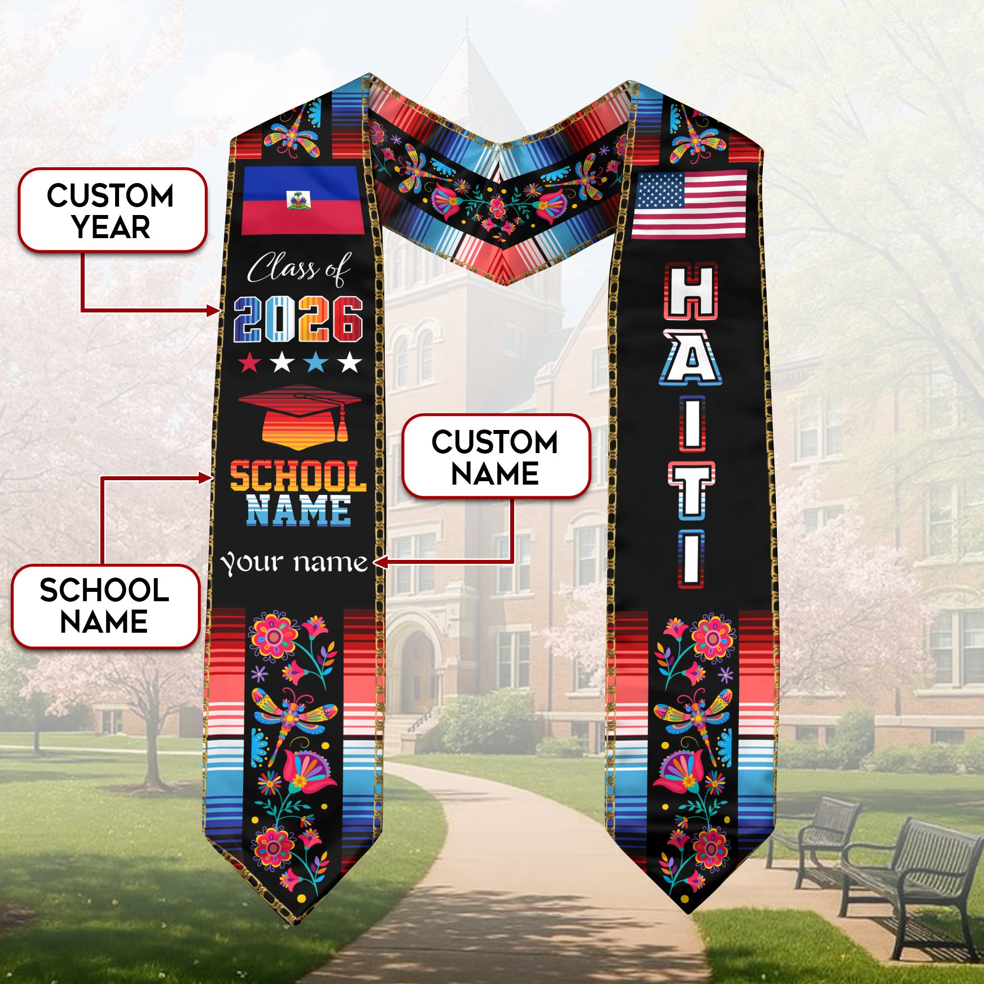 Class of 2026 Haiti Graduation Stole, Haitian Flag Sash, Custom Style Grad Accessory
