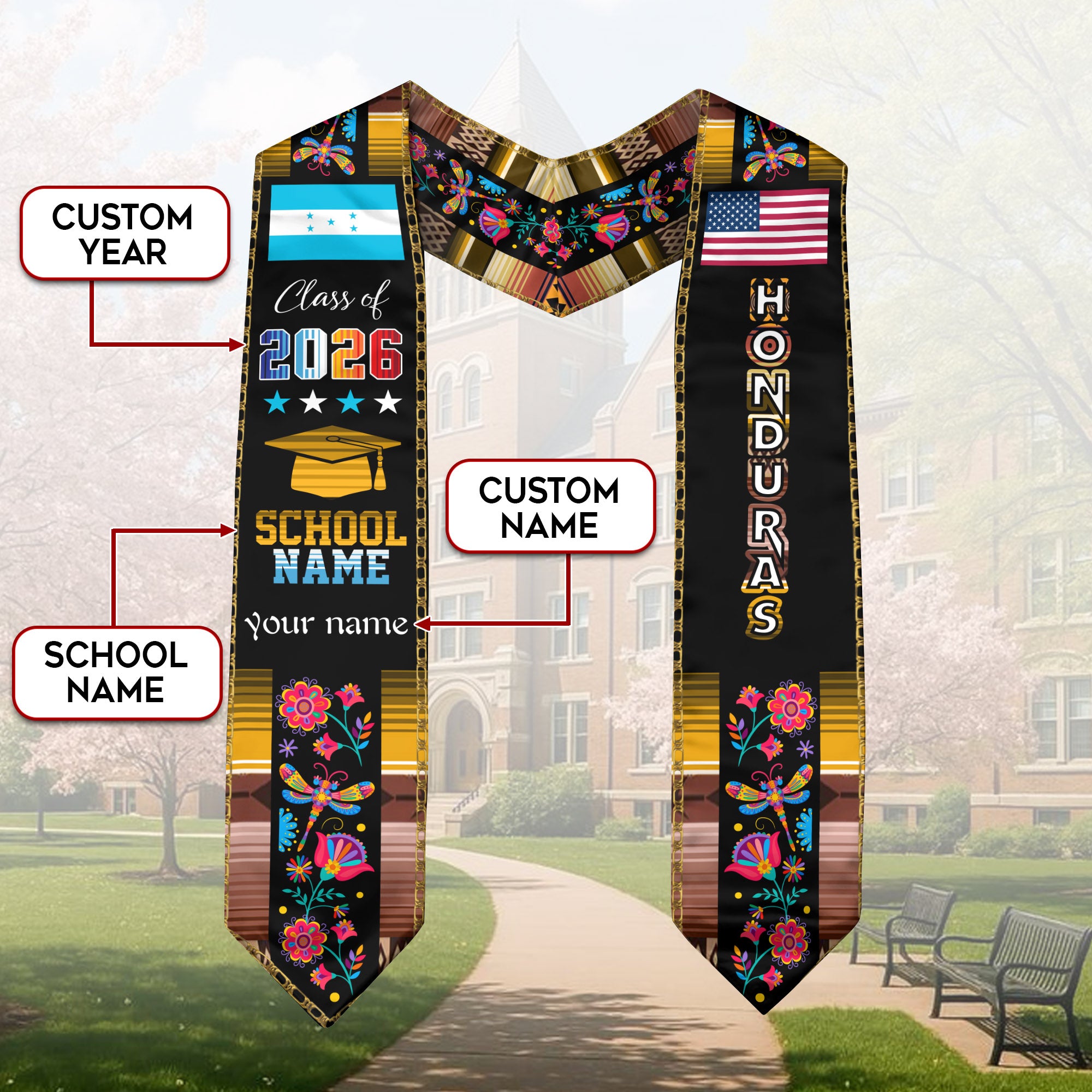 Honduran Graduation Sash 2026, Honduras Flag Stole, Graduation Sash with Custom Finish