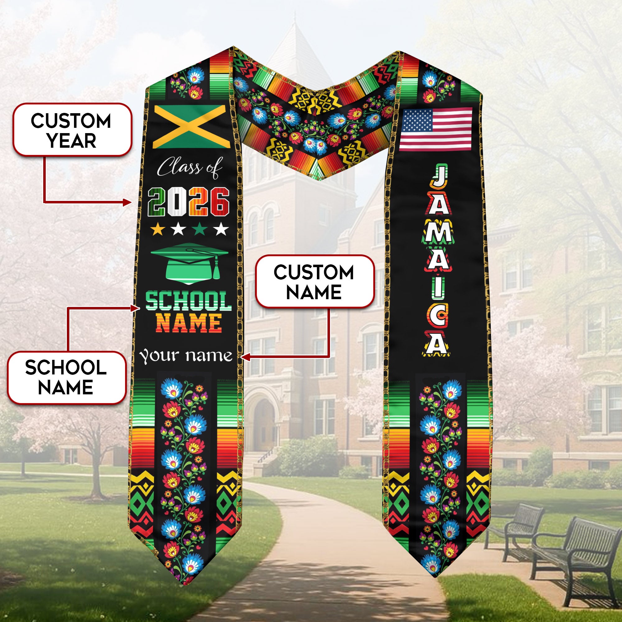 Jamaican Graduation Sash 2026, Jamaica Flag Stole, Graduation Sash with Custom Finish
