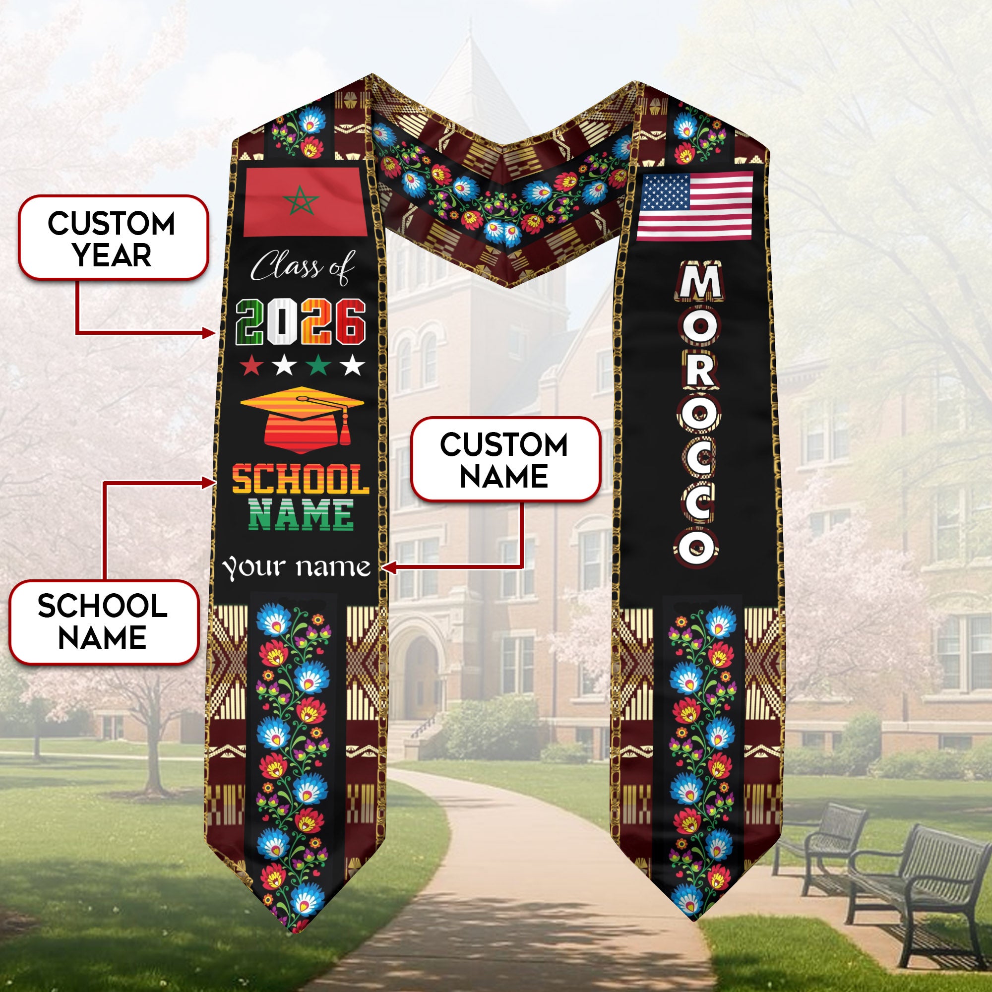 Moroccan Graduation Sash 2026, Morocco Flag Stole, Graduation Sash with Custom Finish