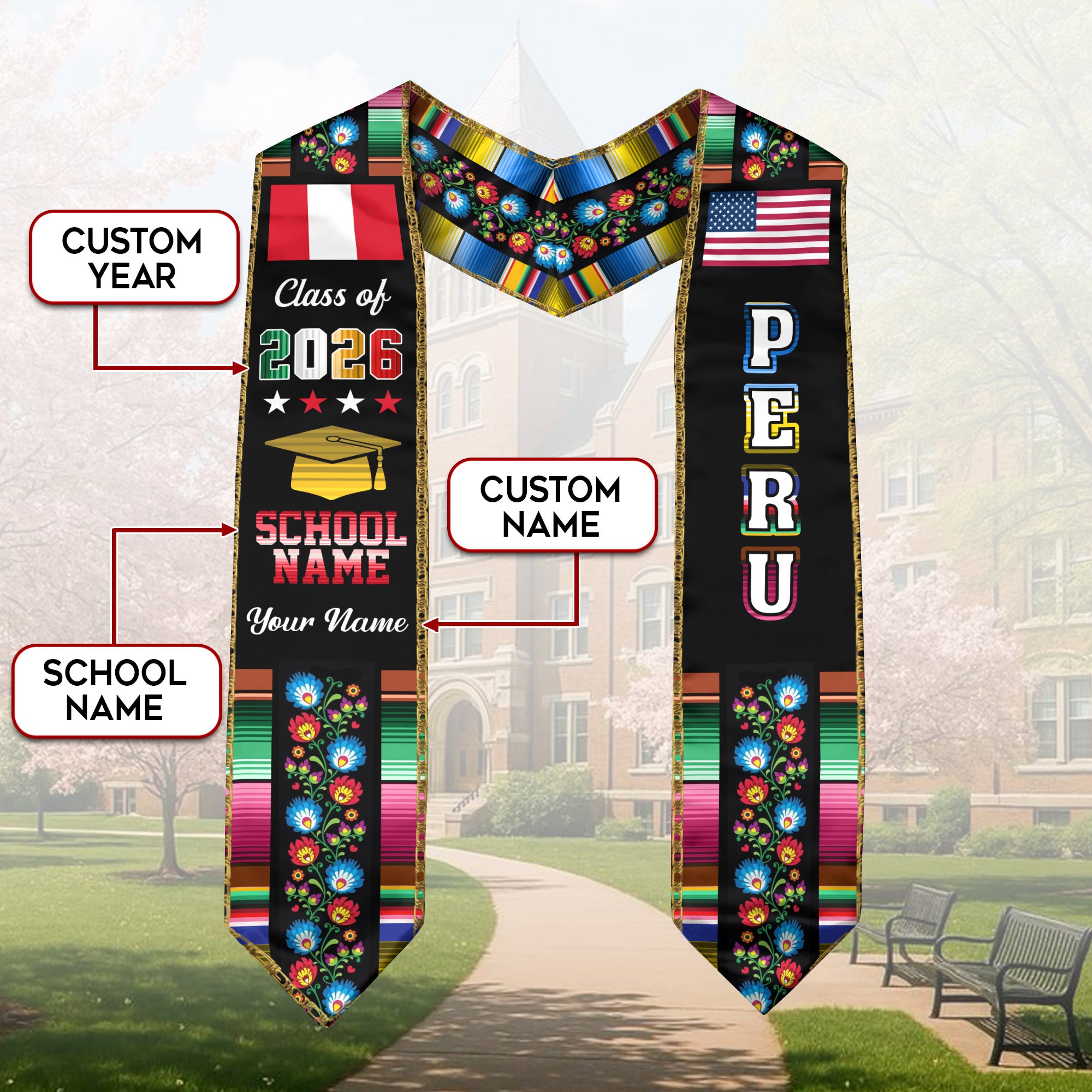 Peruvian Graduation Sash 2026, Peru Flag Stole, Graduation Sash with Custom Finish