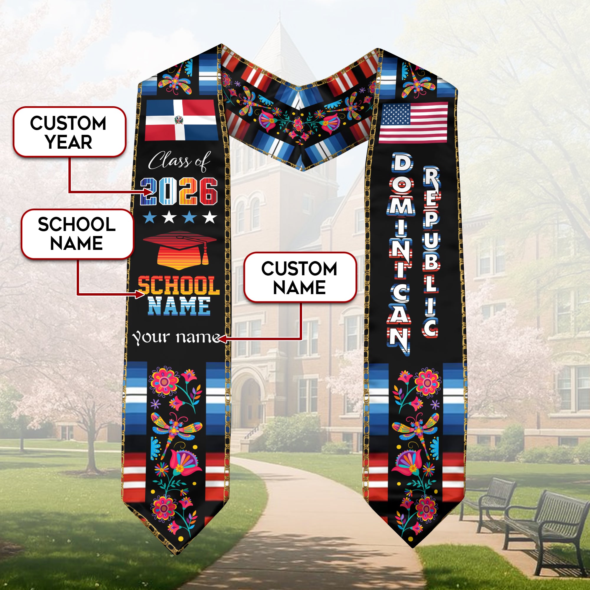 Dominican Republic Graduation Stole 2026, Dominican Republic Flag Sash, Customizable Detail Graduation Stole