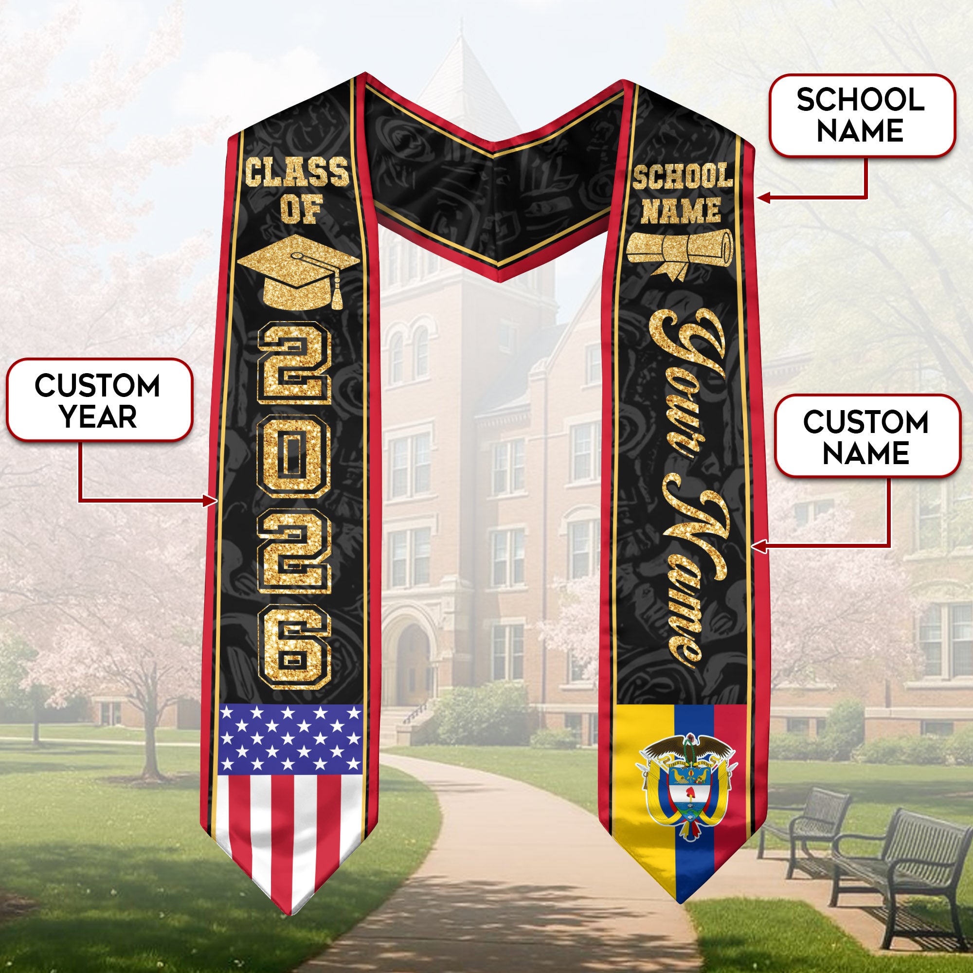 Colombian Flag Graduation Stole 2026, Colombia Graduation Sash, Personalized Finish Stole