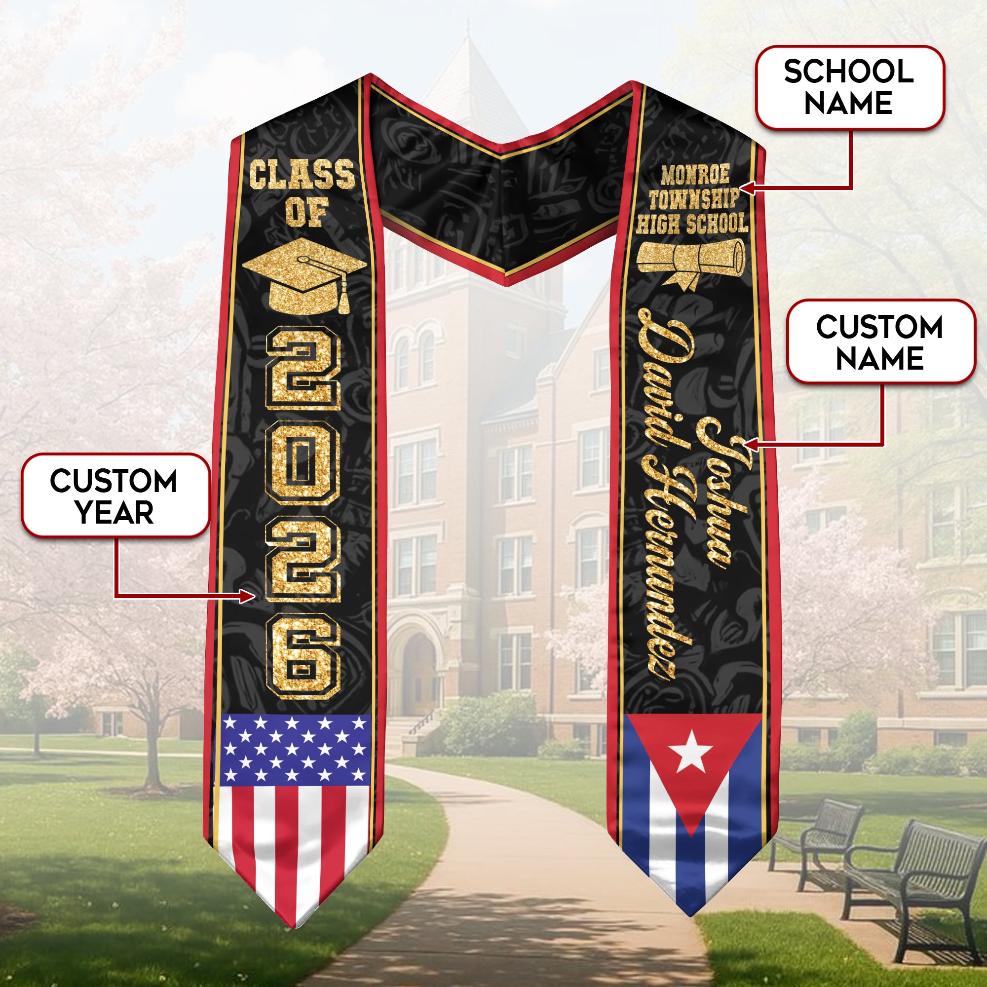 Cuban Flag Graduation Stole 2026, Cuba Graduation Sash, Personalized Finish Stole