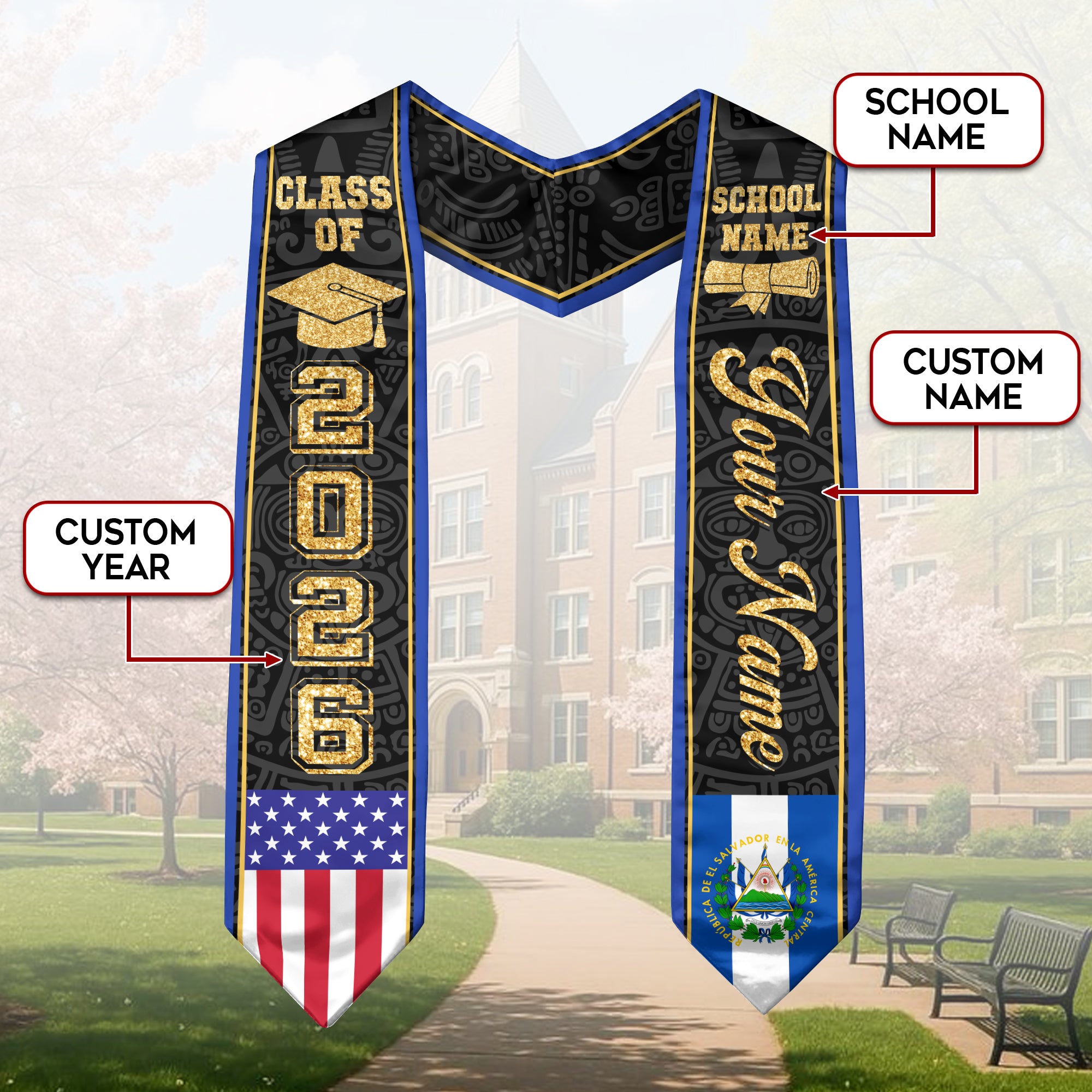 Salvadoran Flag Graduation Stole 2026, El Salvador Graduation Sash, Personal Finish