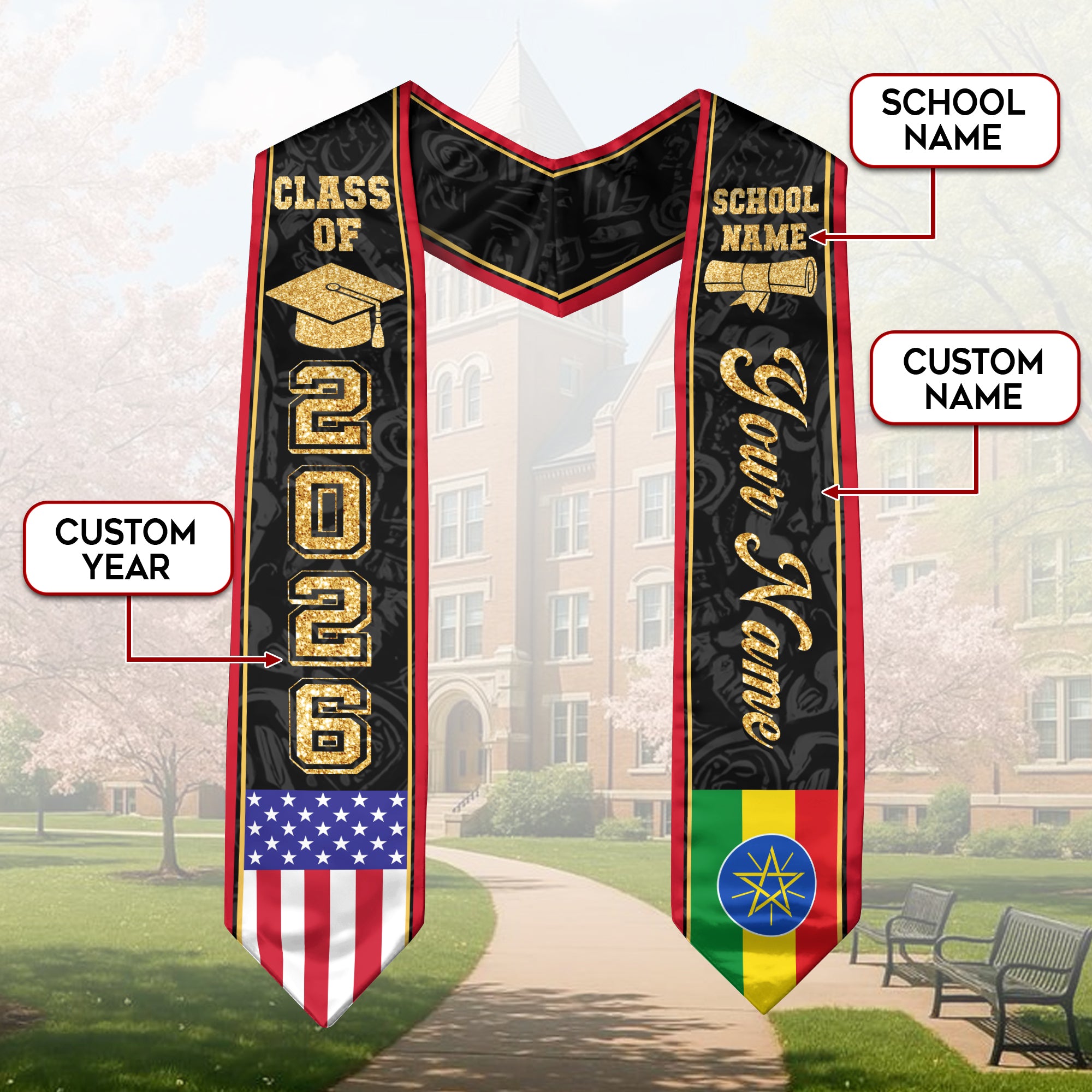 Ethiopian Flag Graduation Stole 2026, Ethiopia Stole Sash, Custom Accent for Graduates