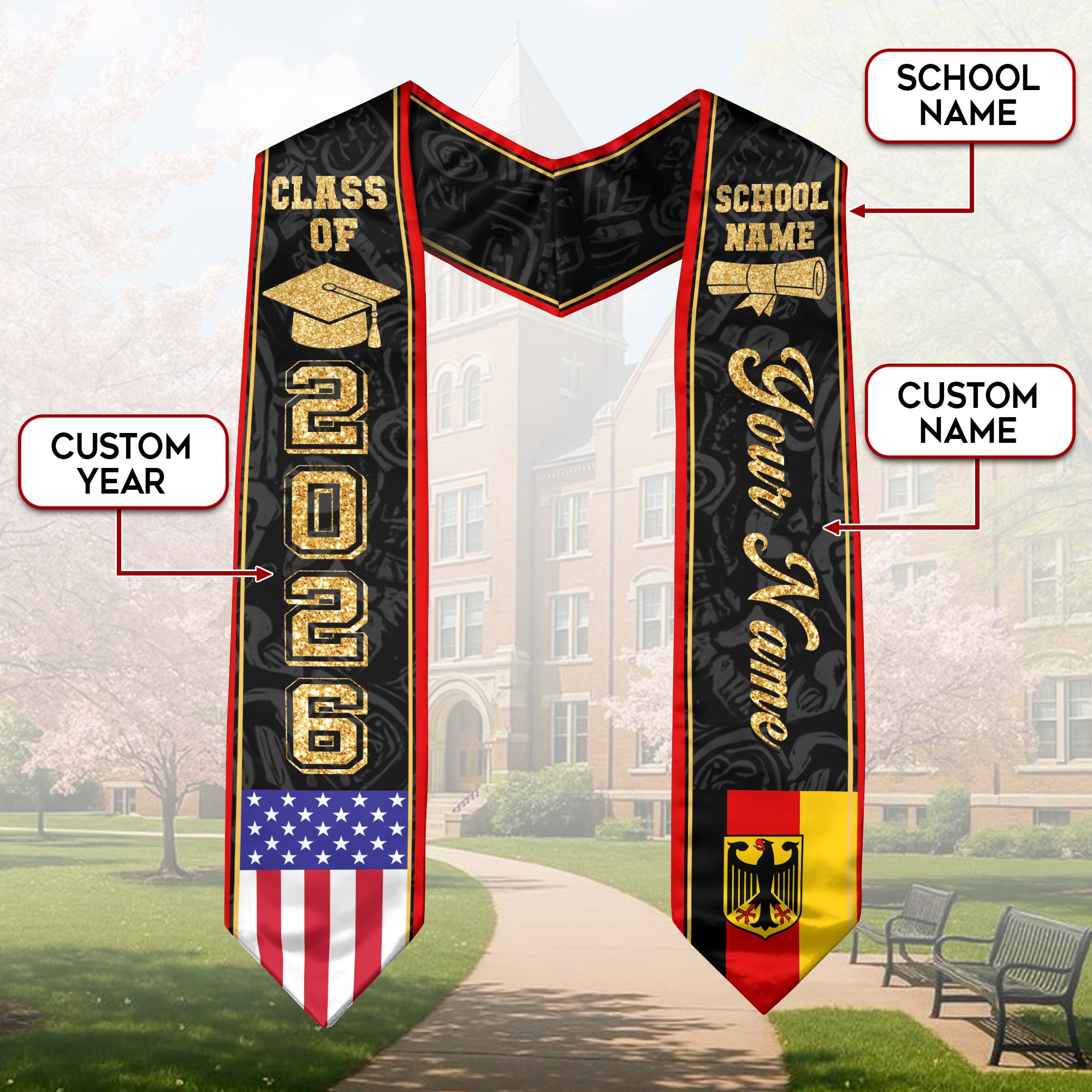 German Flag Graduation Stole 2026, Germany Stole Sash, Custom Accent for Graduates