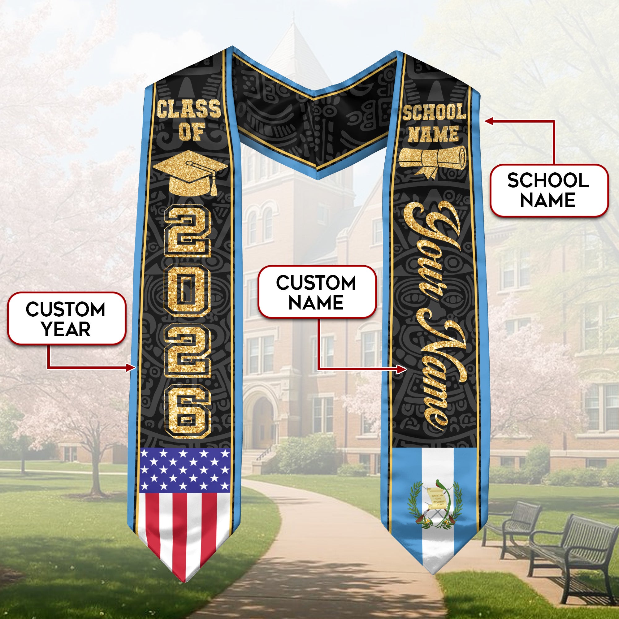 Guatemalan Flag Graduation Stole 2026, Guatemala Stole Sash, Custom Accent for Graduates