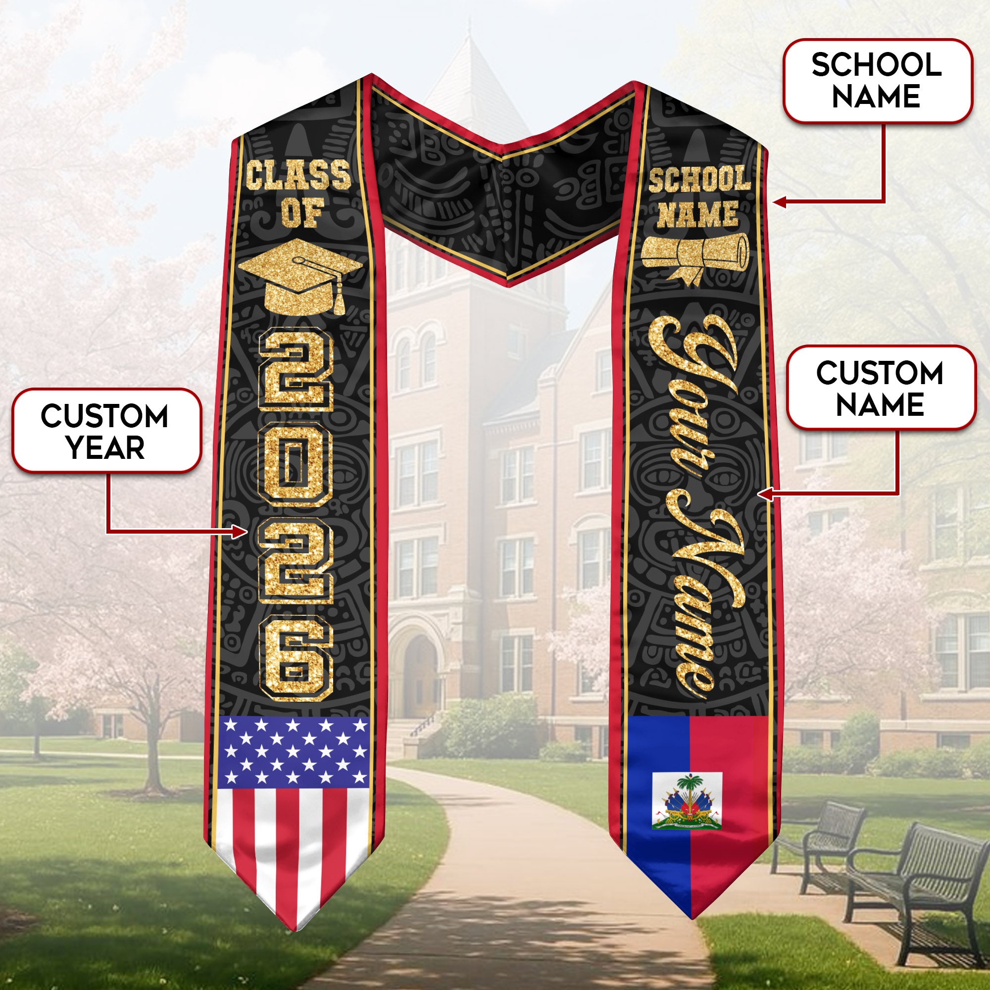 Haiti Graduation Stole 2026, Haitian Flag Sash Stole, Custom Choice Graduation Sash