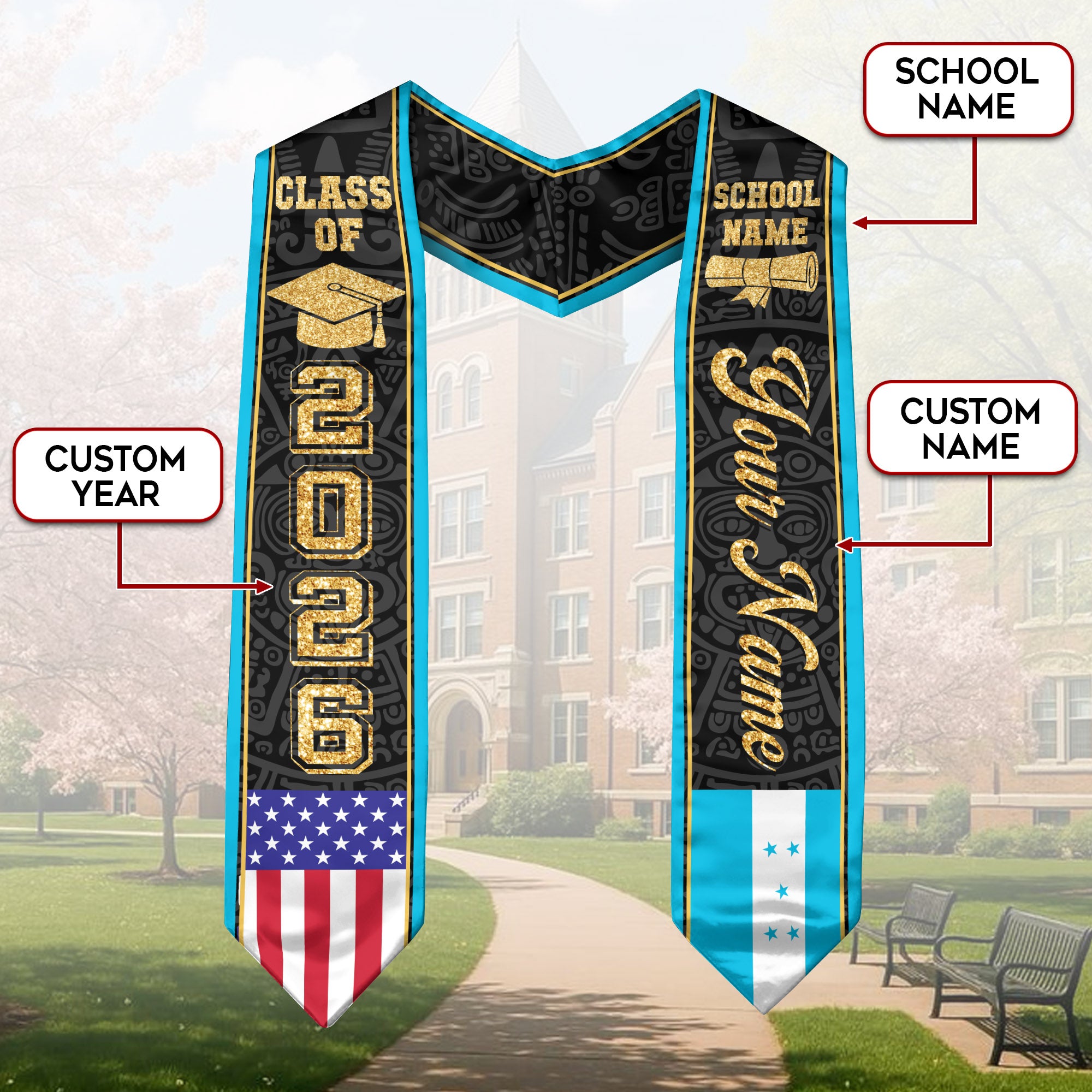 Honduras Graduation Stole 2026, Honduran Flag Stole Sash, Tailored Detail for 2026