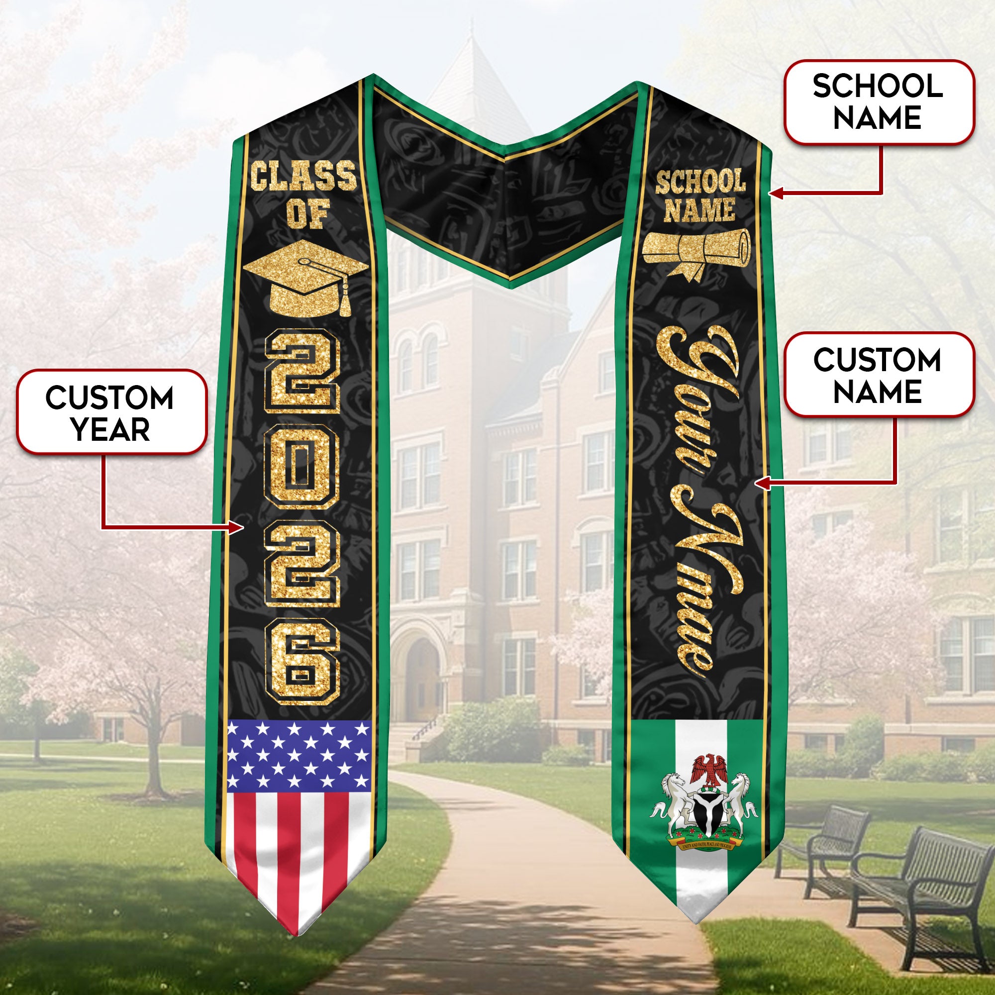 Nigeria Graduation Stole 2026, Nigerian Flag Stole Sash, Tailored Detail for 2026
