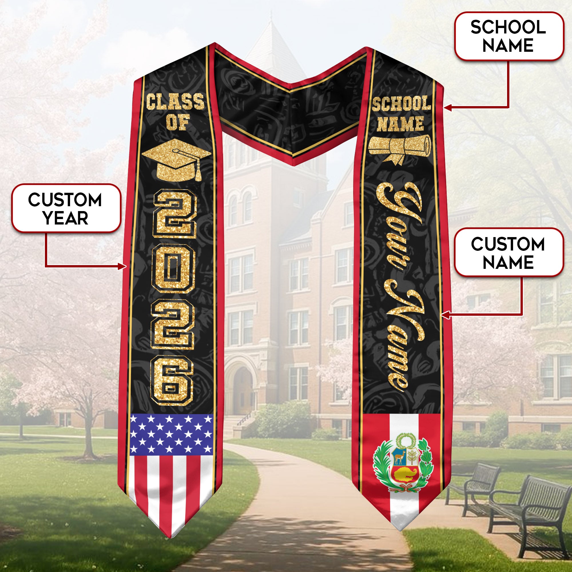 Peru Graduation Stole 2026, Peruvian Flag Stole Sash, Tailored Detail for 2026