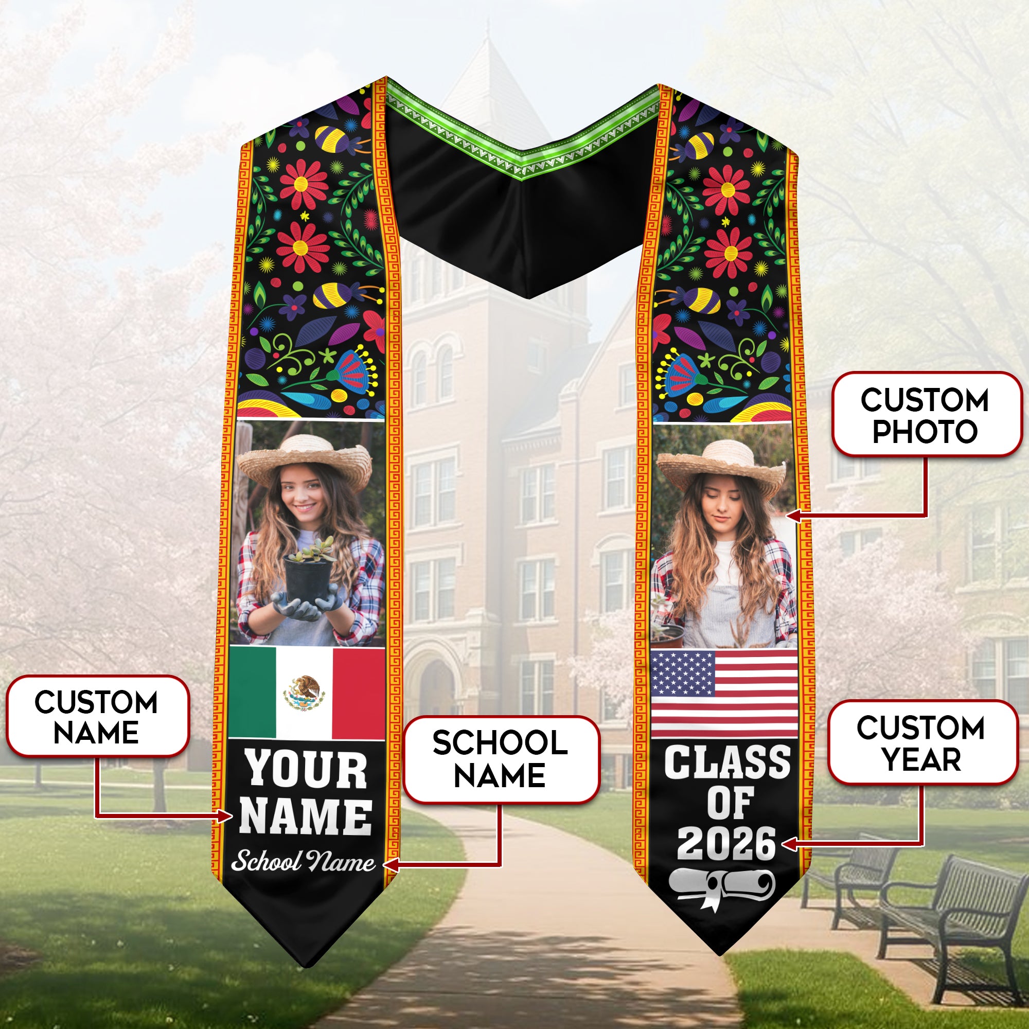 Mexico Flag Graduation Sash 2026, Mexican Graduation Stole, Add Your Details Option