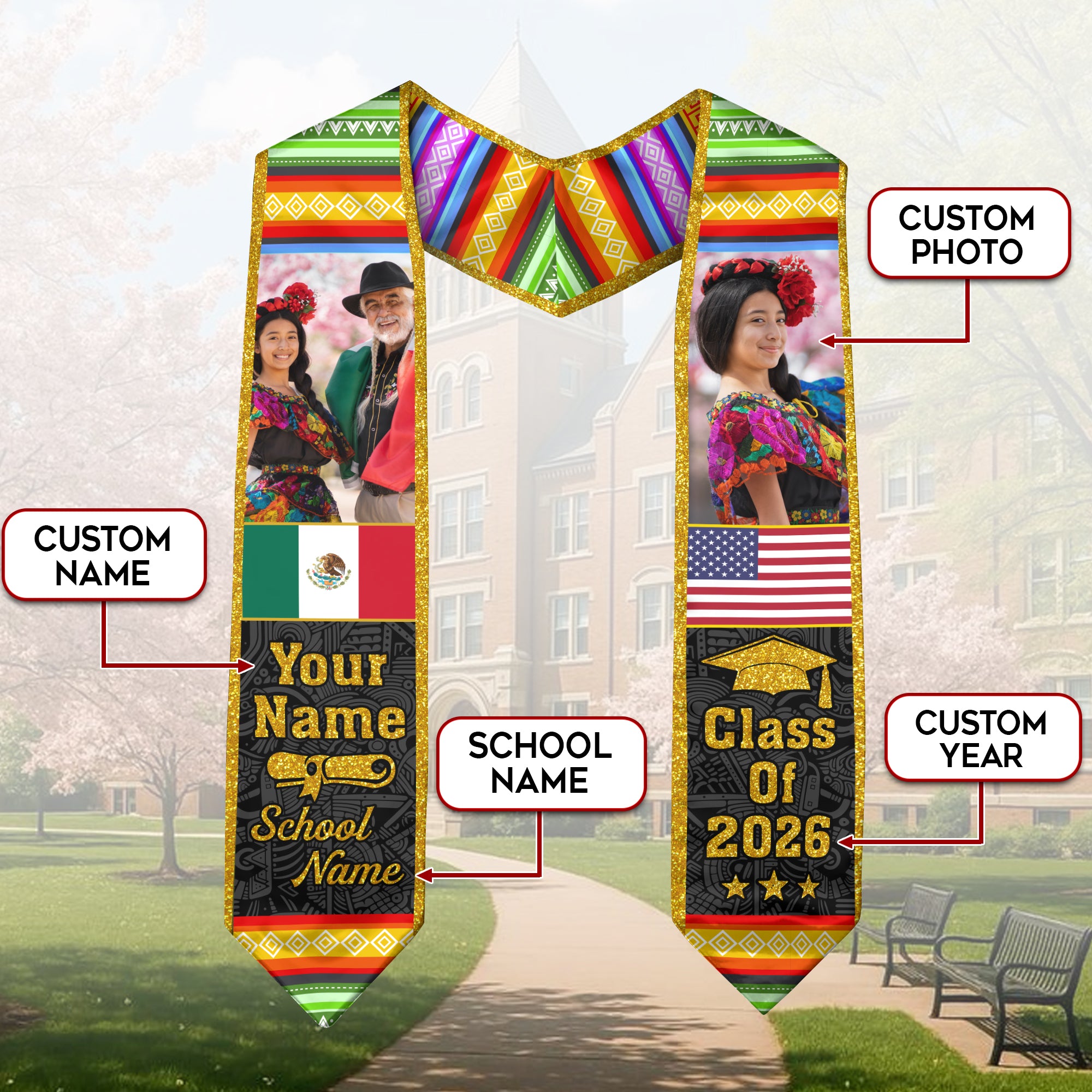 2026 Mexico Graduation Stole, Mexico Flag Sash, Personal Name Detail Option for Grads
