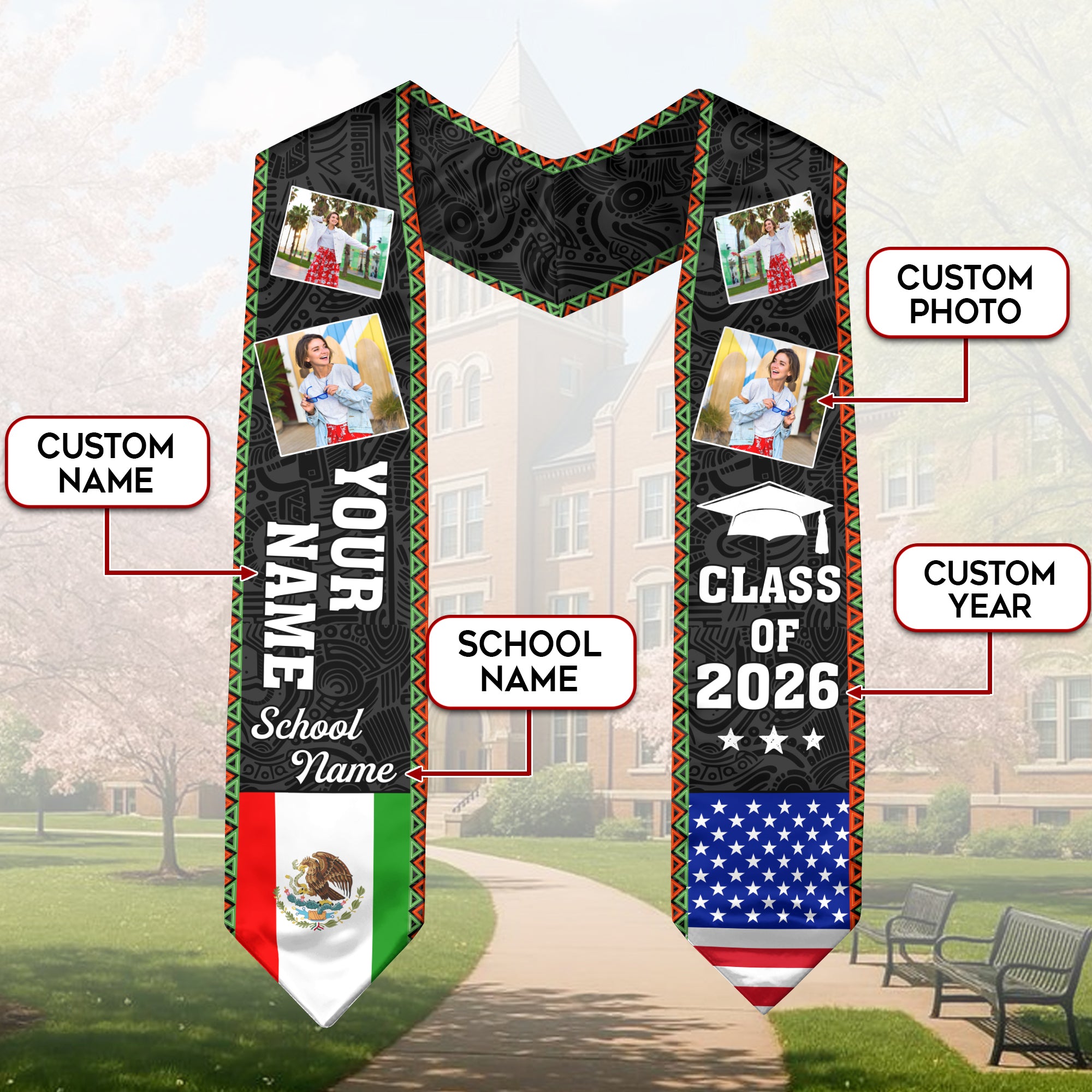 Mexican Flag Graduation Stole 2026, Mexico Sash for Graduation, Name & Year Option