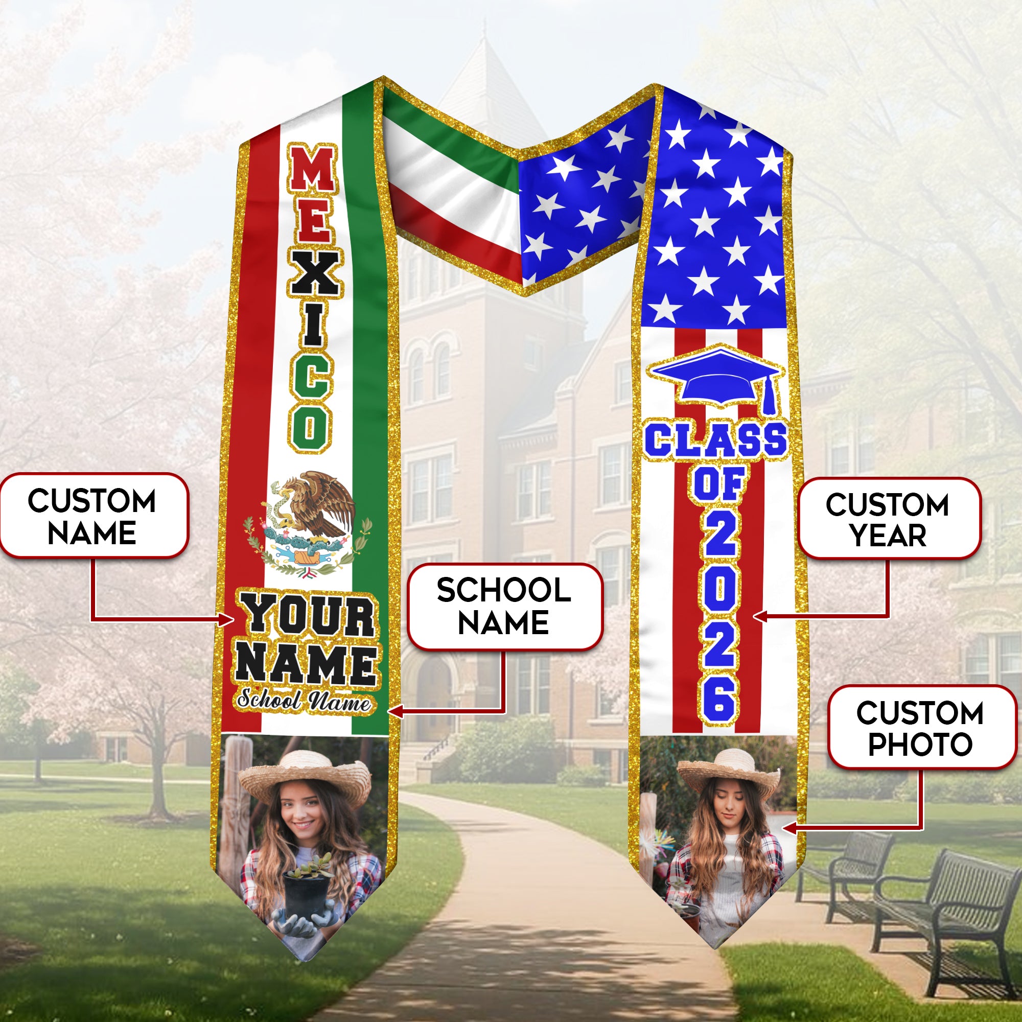 2026 Mexican Flag Stole for Graduation, Mexico Graduation Sash, Personal Detail Option