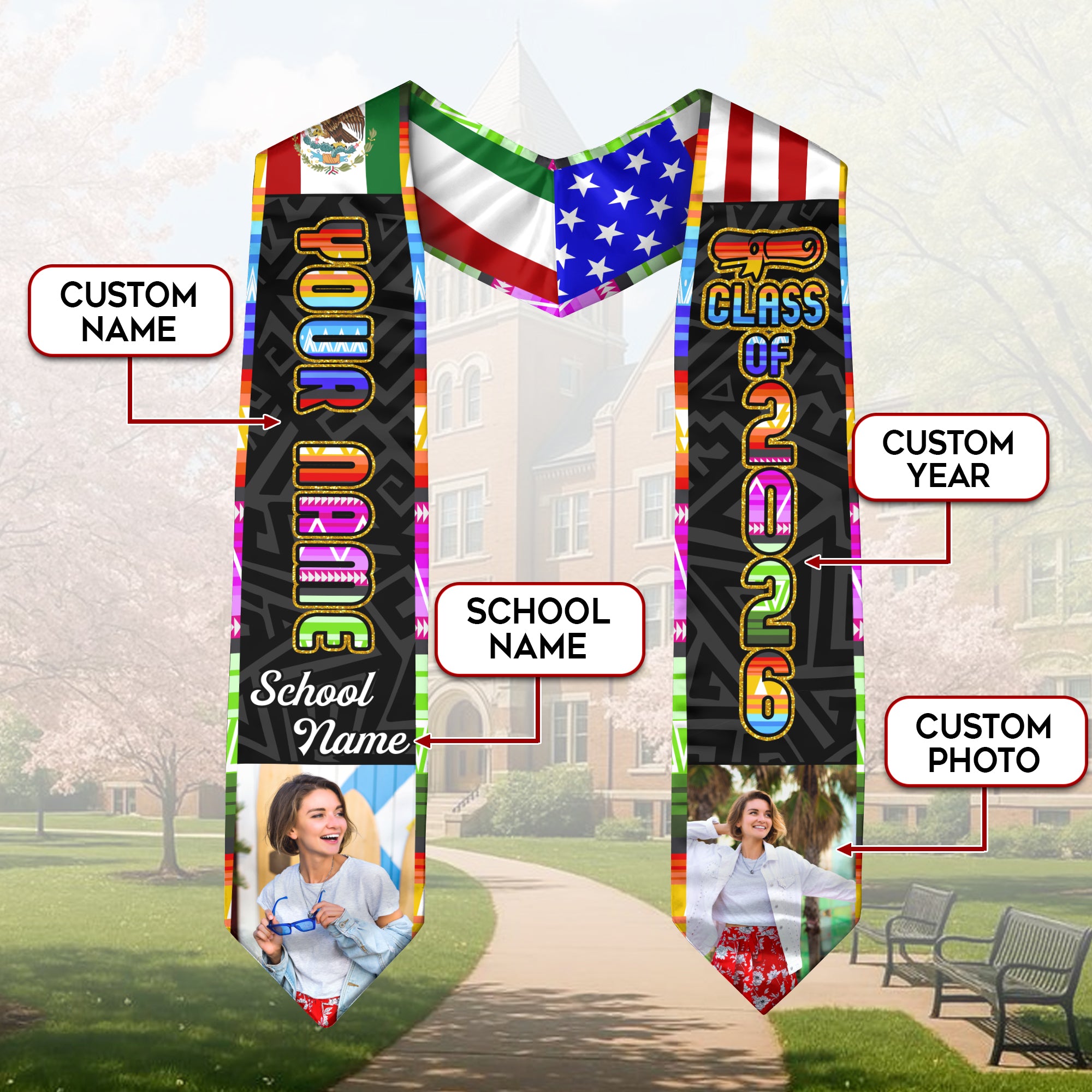 Mexico Graduation Sash 2026, Mexican Flag Stole, Optional Name Detail for Proud Grads