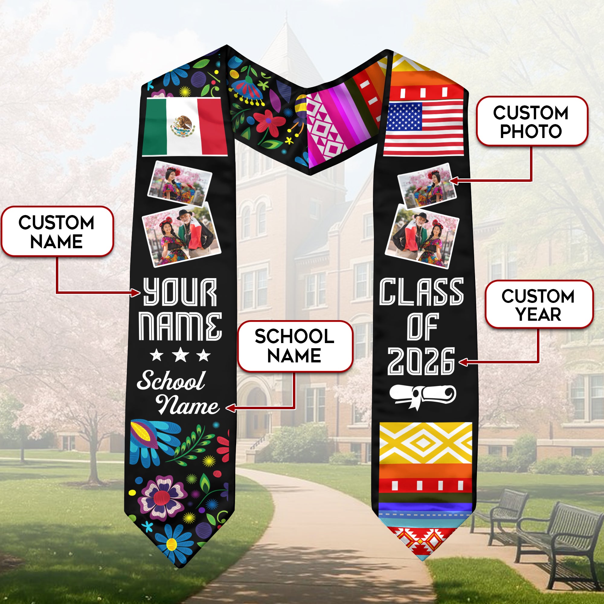 2026 Mexico Flag Graduation Sash, Mexican Stole for Grads, Custom Detail Option