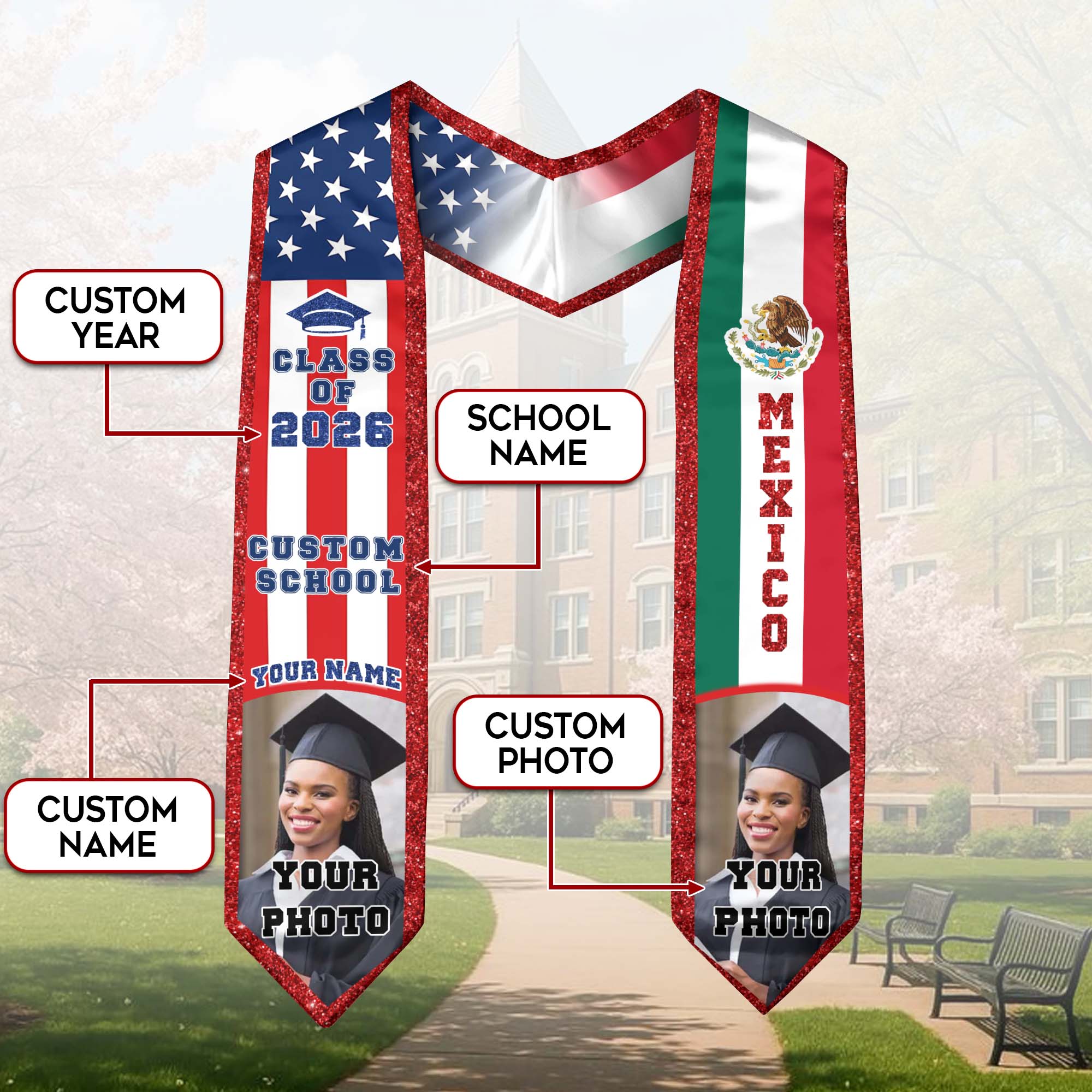 Mexican Graduation Stole, Mexican Flag Stole 2026, Mexico Graduation Sash