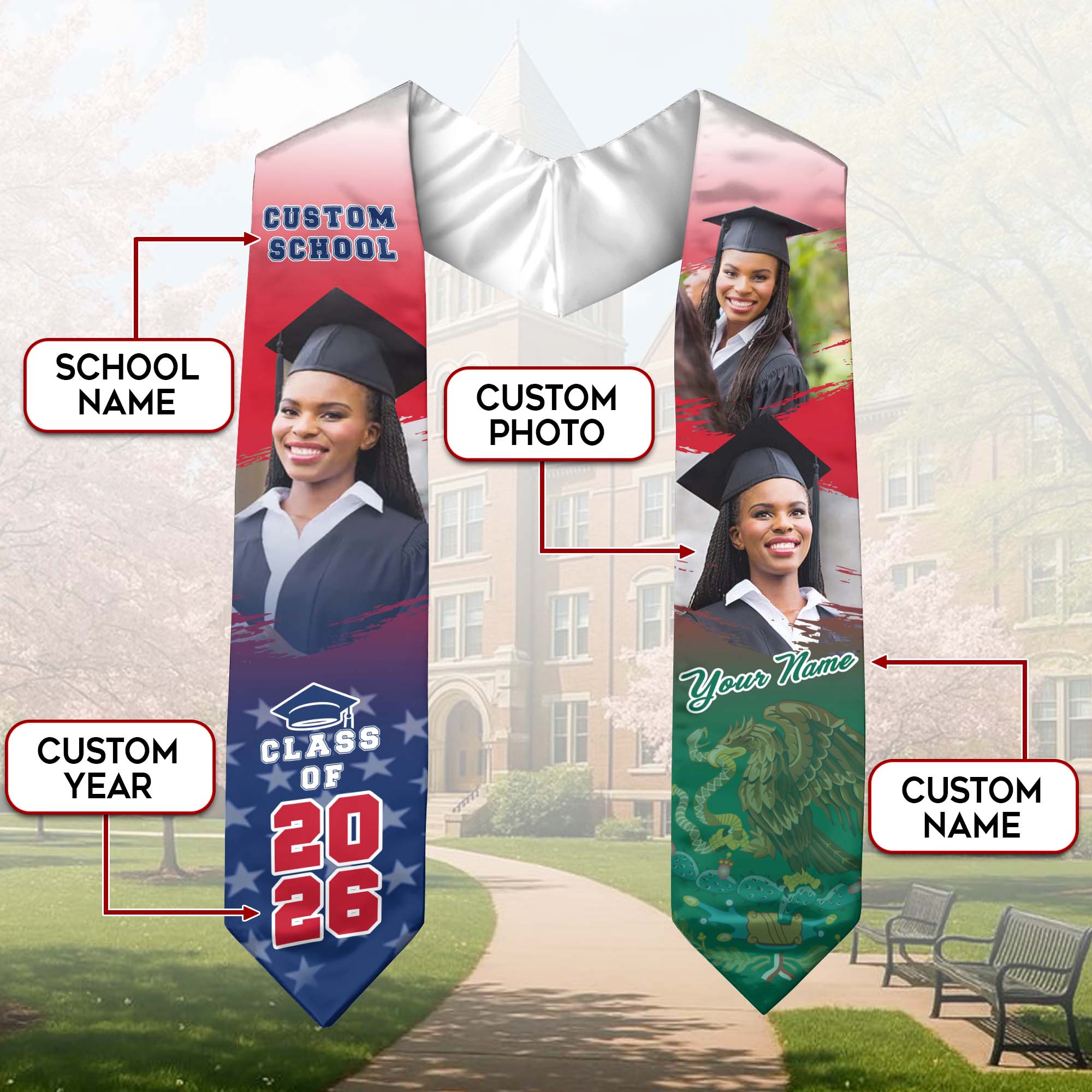 Mexico Graduation Stole 2026, Mexican American Flag Graduation Sash, Stole Mexico