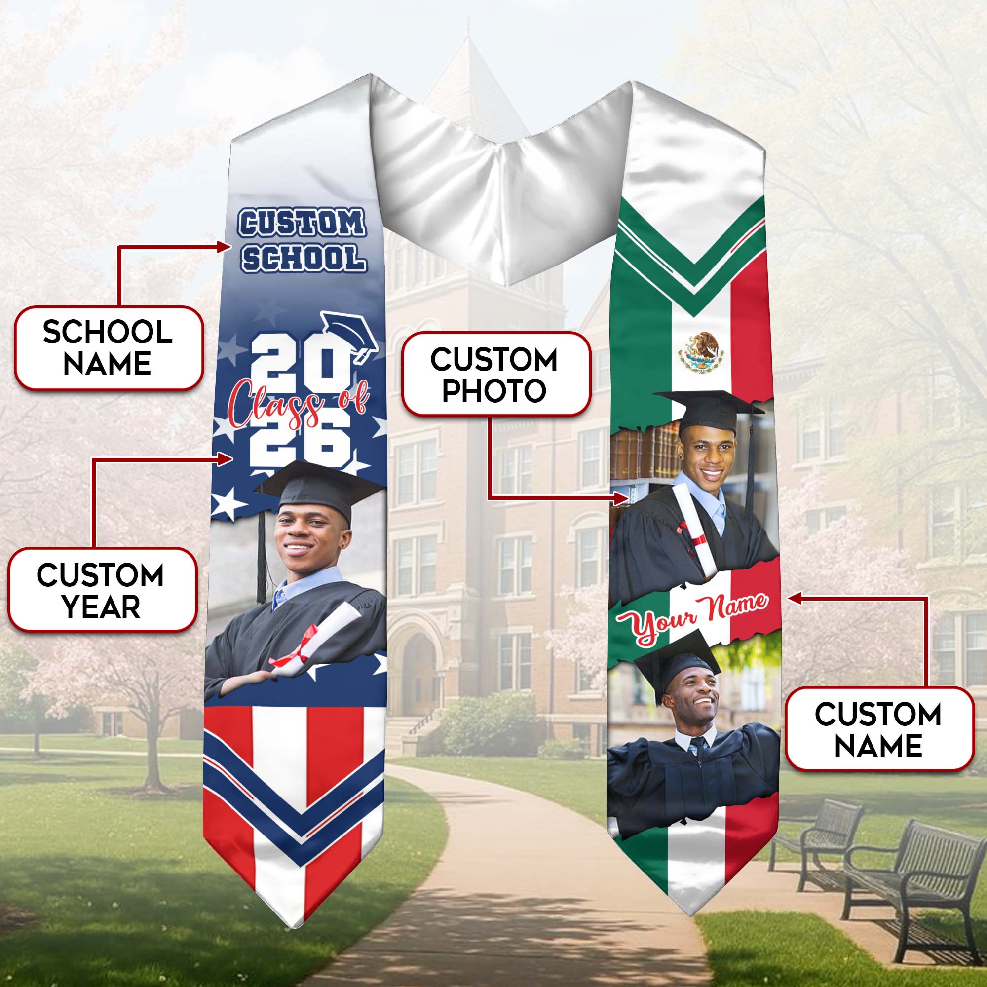 Mexican Stole 2026, Mexico American Flag Graduation Stole, Mexican Sash