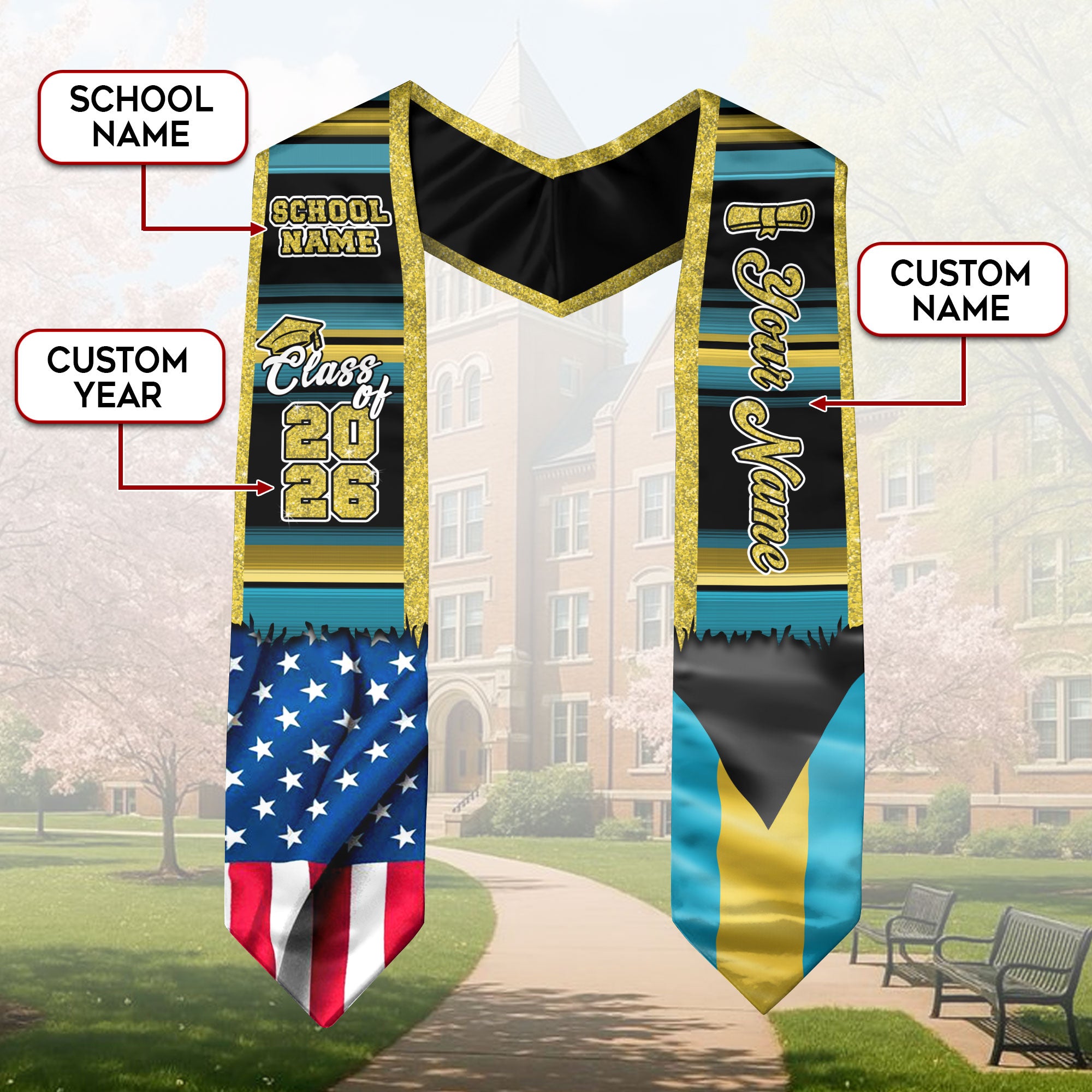 Customized Bahamas Graduation Stole Featuring Island Flag Colors, Graduation Sash for the Class of 2026