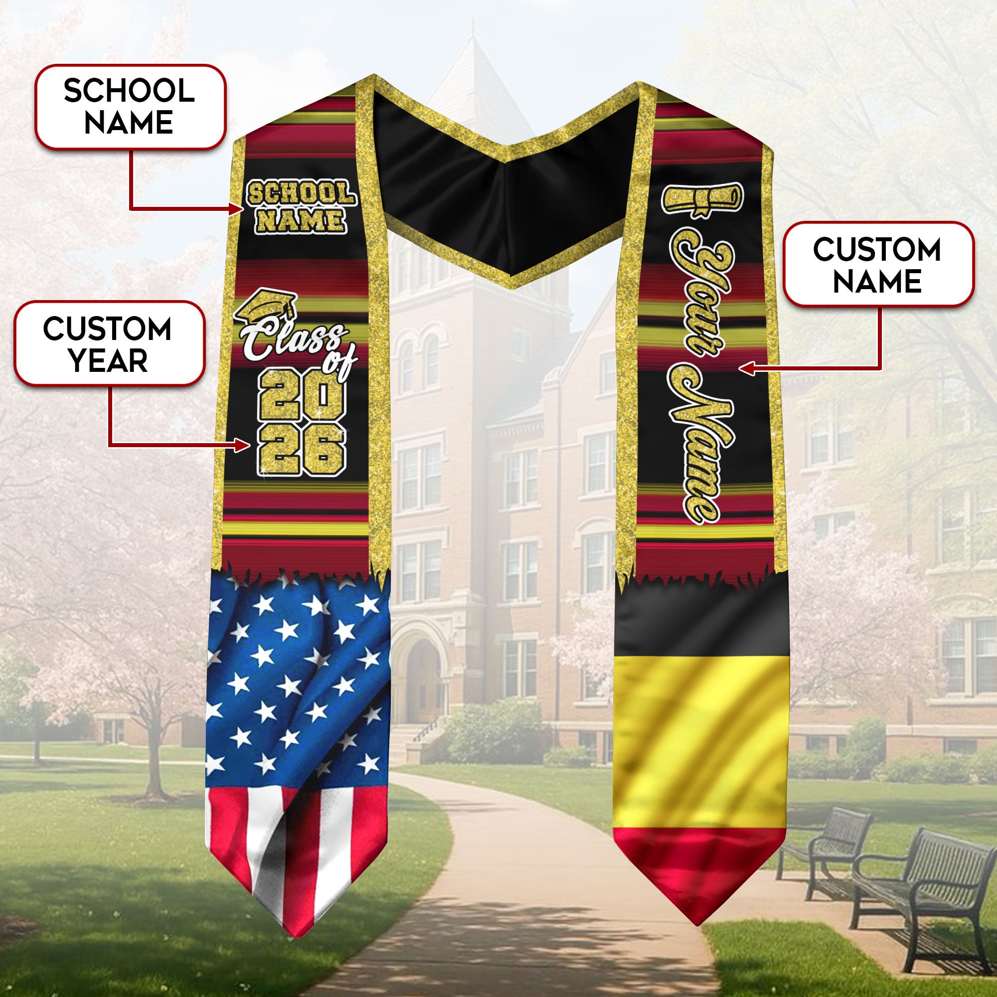 Customized Belgium Graduation Stole with Belgian Flag Style Accents, Graduation Sash Class of 2026