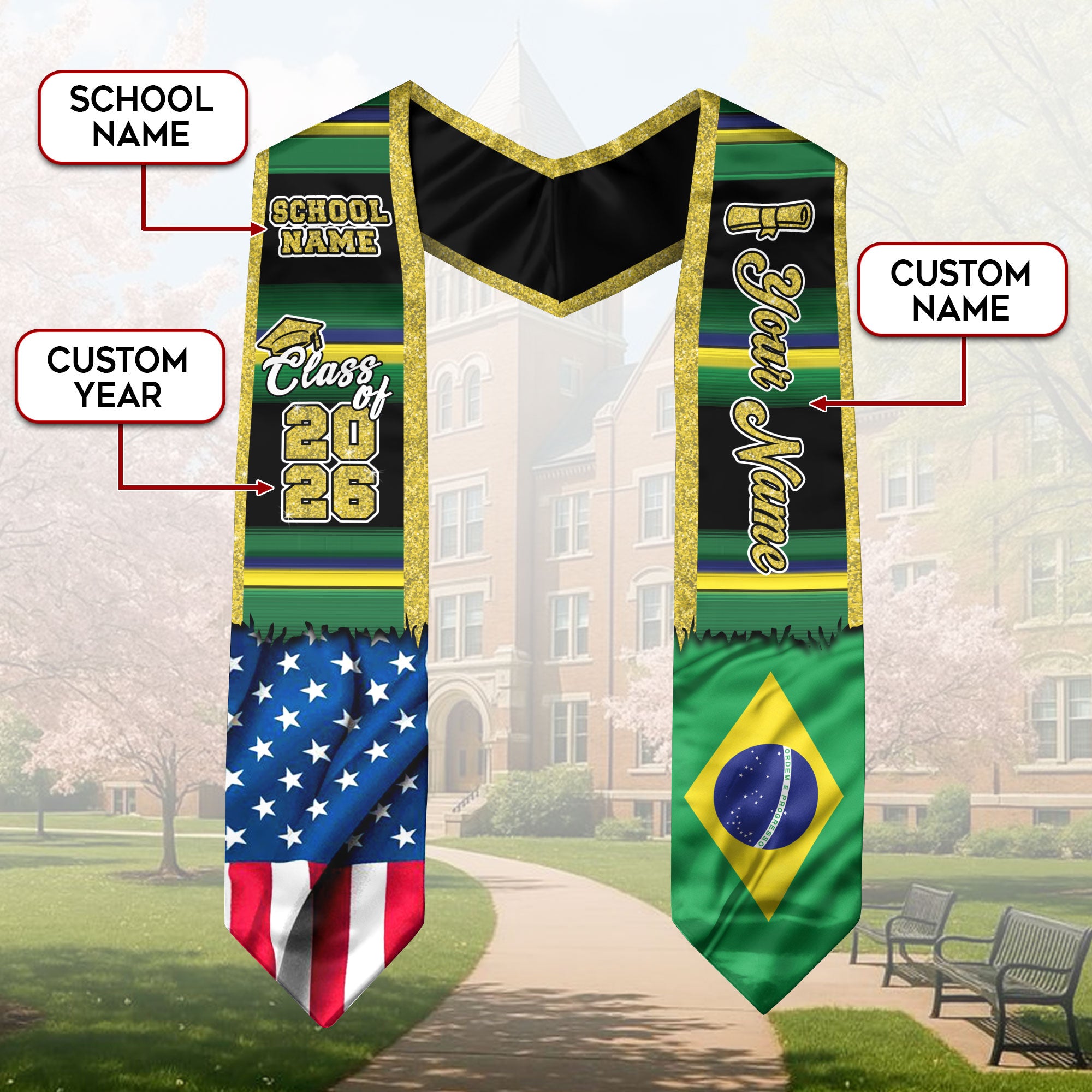 Customized Brazil Graduation Stole Showcasing Brazilian Flag Heritage, Graduation Sash for Class of 2026