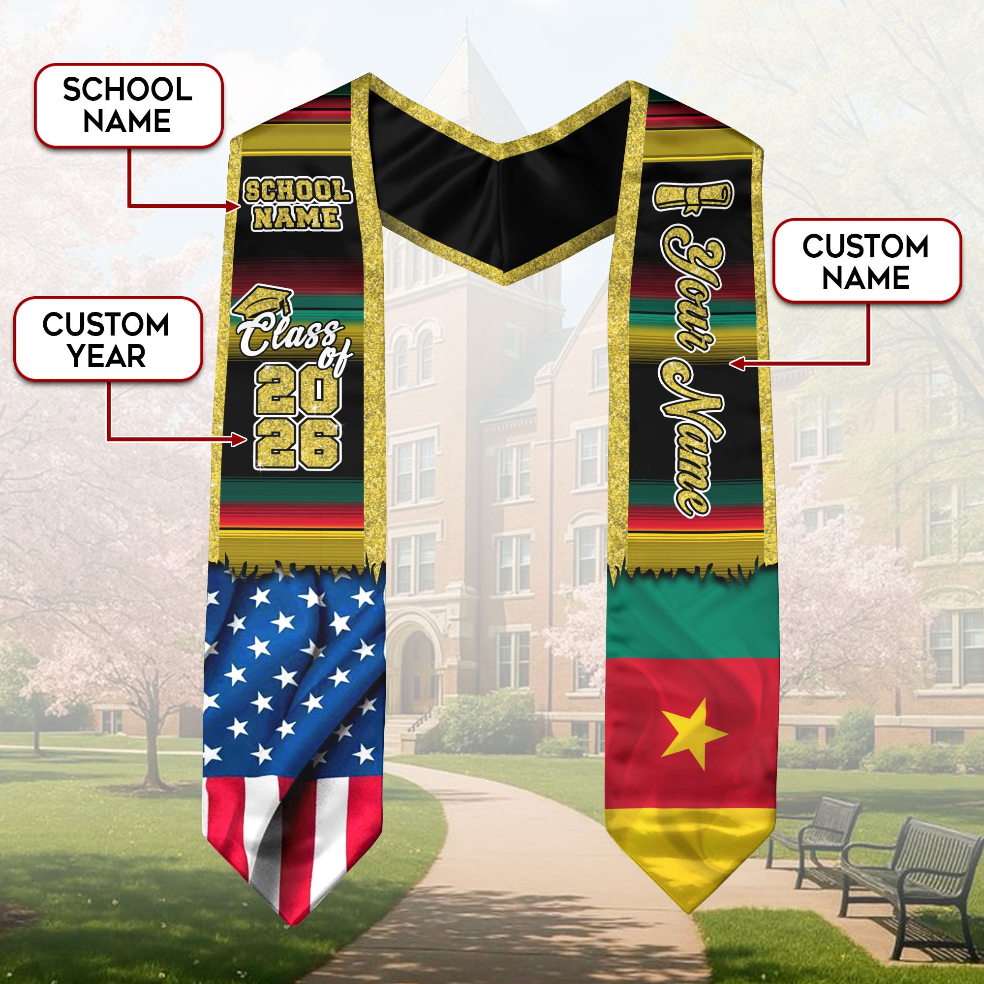 Customized Cameroon Graduation Stole with National Flag Motif, Graduation Sash Celebrating 2026 Graduates