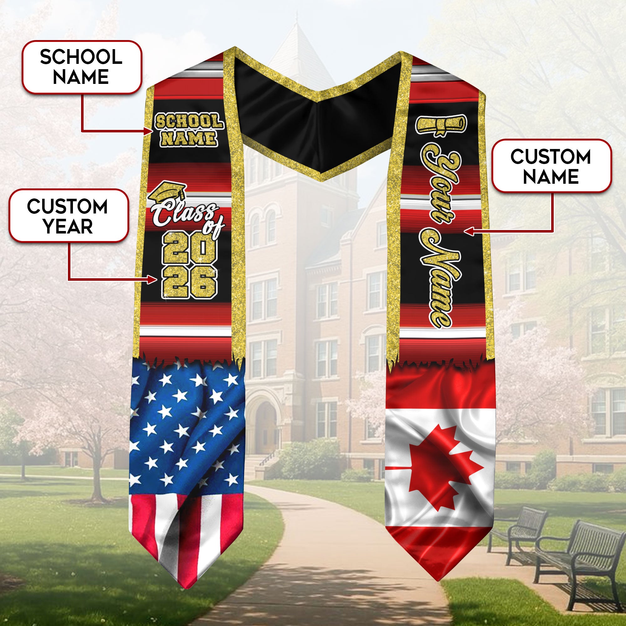 Customized Canada Graduation Stole Featuring Canadian Flag Design, Graduation Sash for Class of 2026
