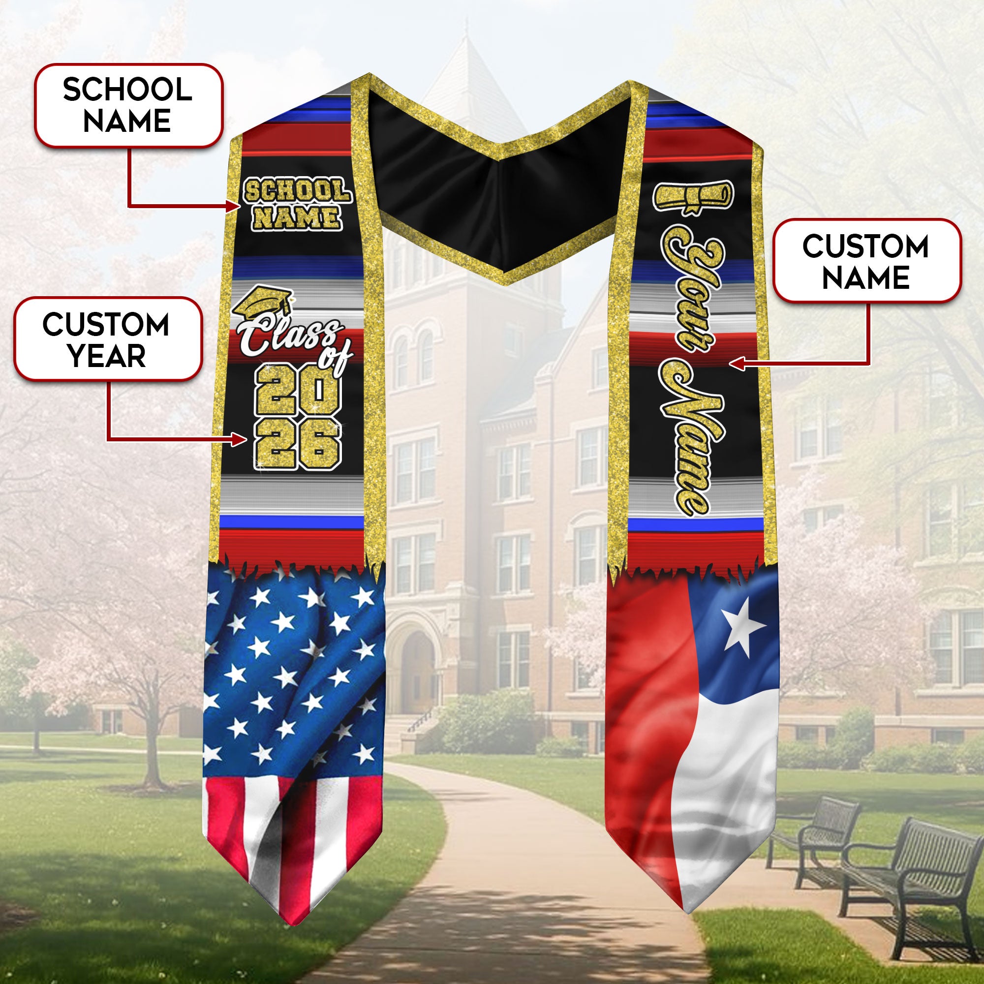 Customized Chile Graduation Stole with Chilean Flag Inspired Pattern, Graduation Sash Class of 2026