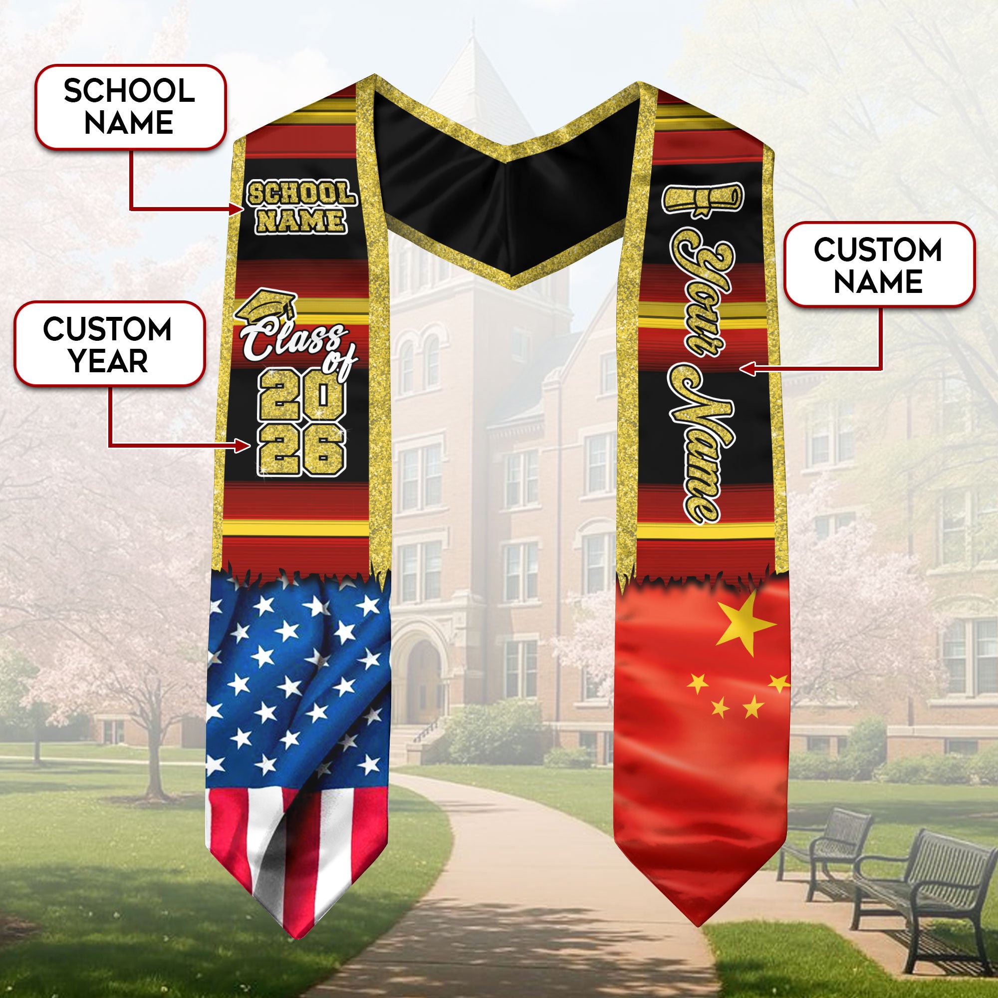 Customized China Graduation Stole Highlighting Chinese Flag Elements, Graduation Sash for Class of 2026