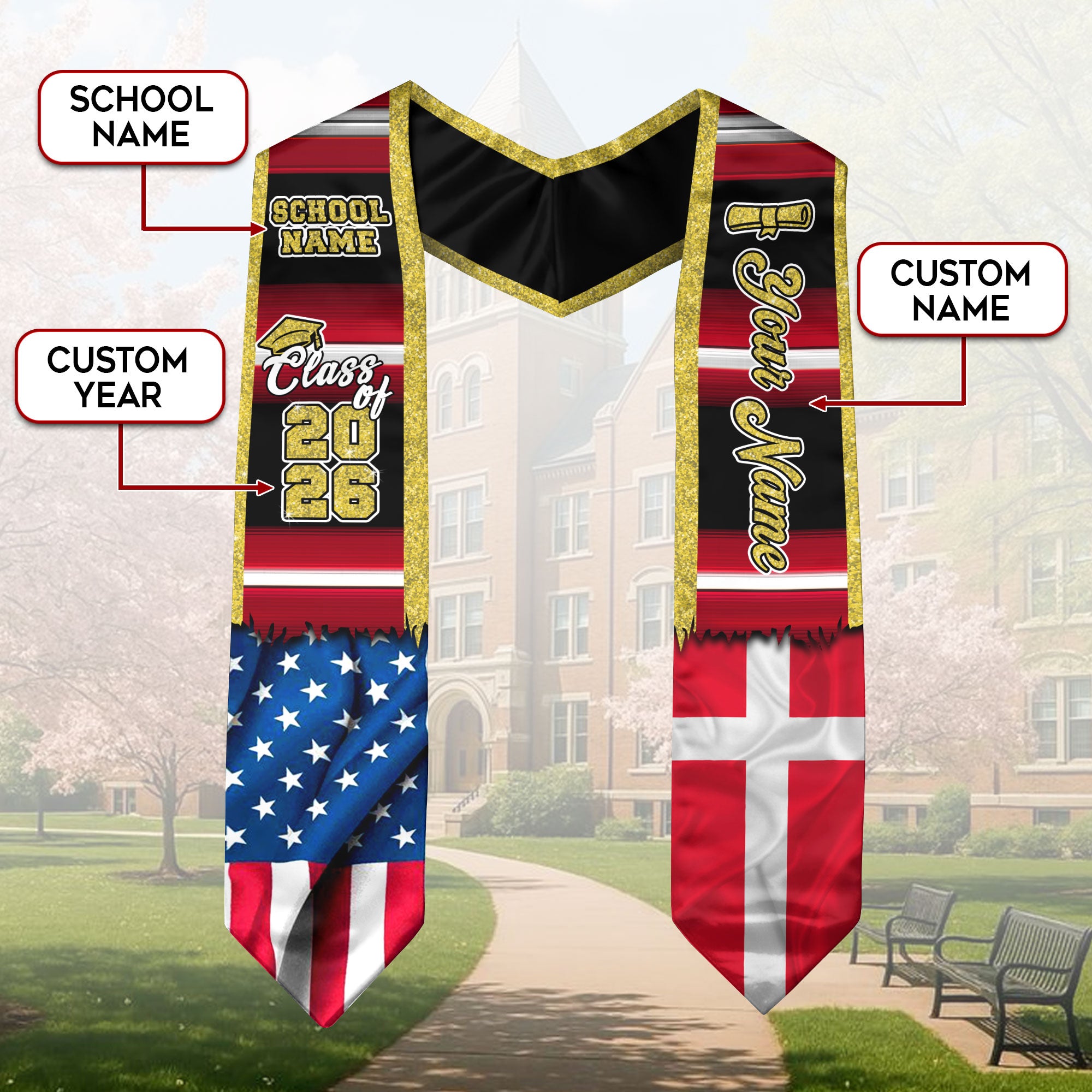 Customized Denmark Graduation Stole with Danish Flag Inspired Style, Graduation Sash Class of 2026