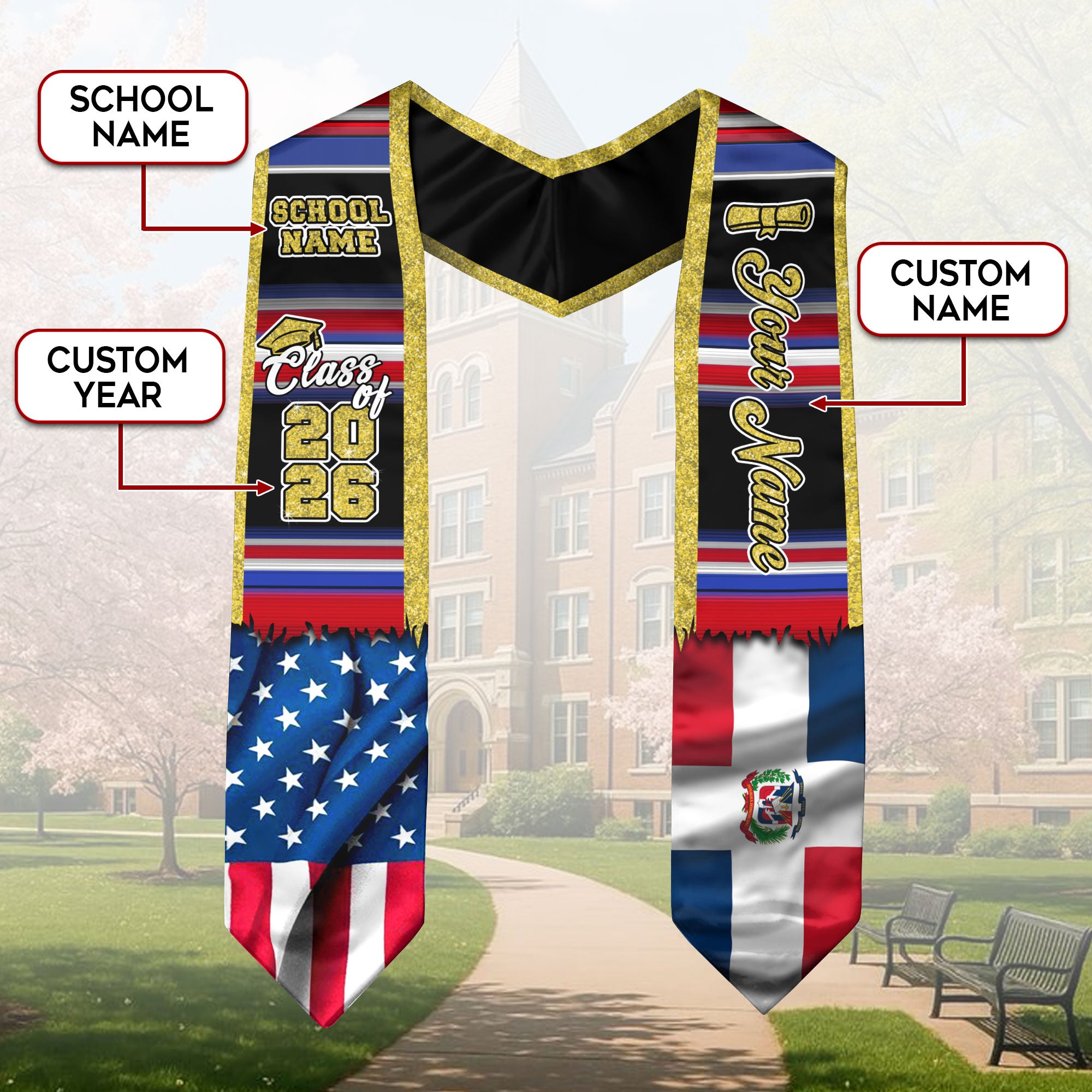 Customized Dominican Republic Graduation Stole Featuring Flag Heritage Design, Graduation Sash Class of 2026