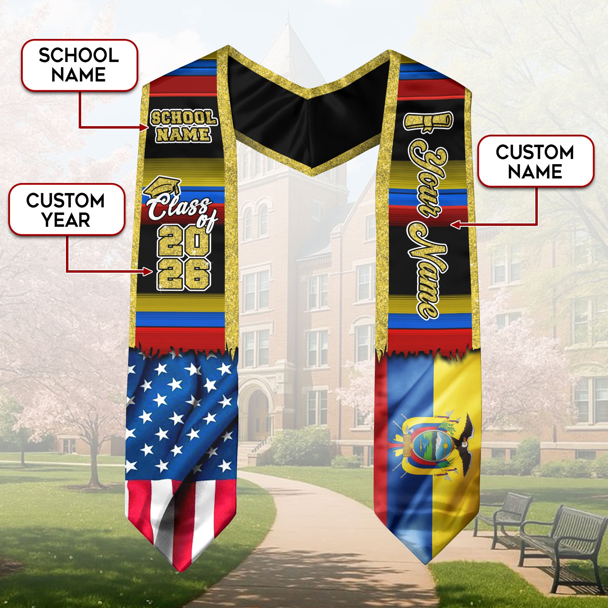 Customized Ecuador Graduation Stole Showcasing Ecuadorian Flag Colors, Graduation Sash Class of 2026