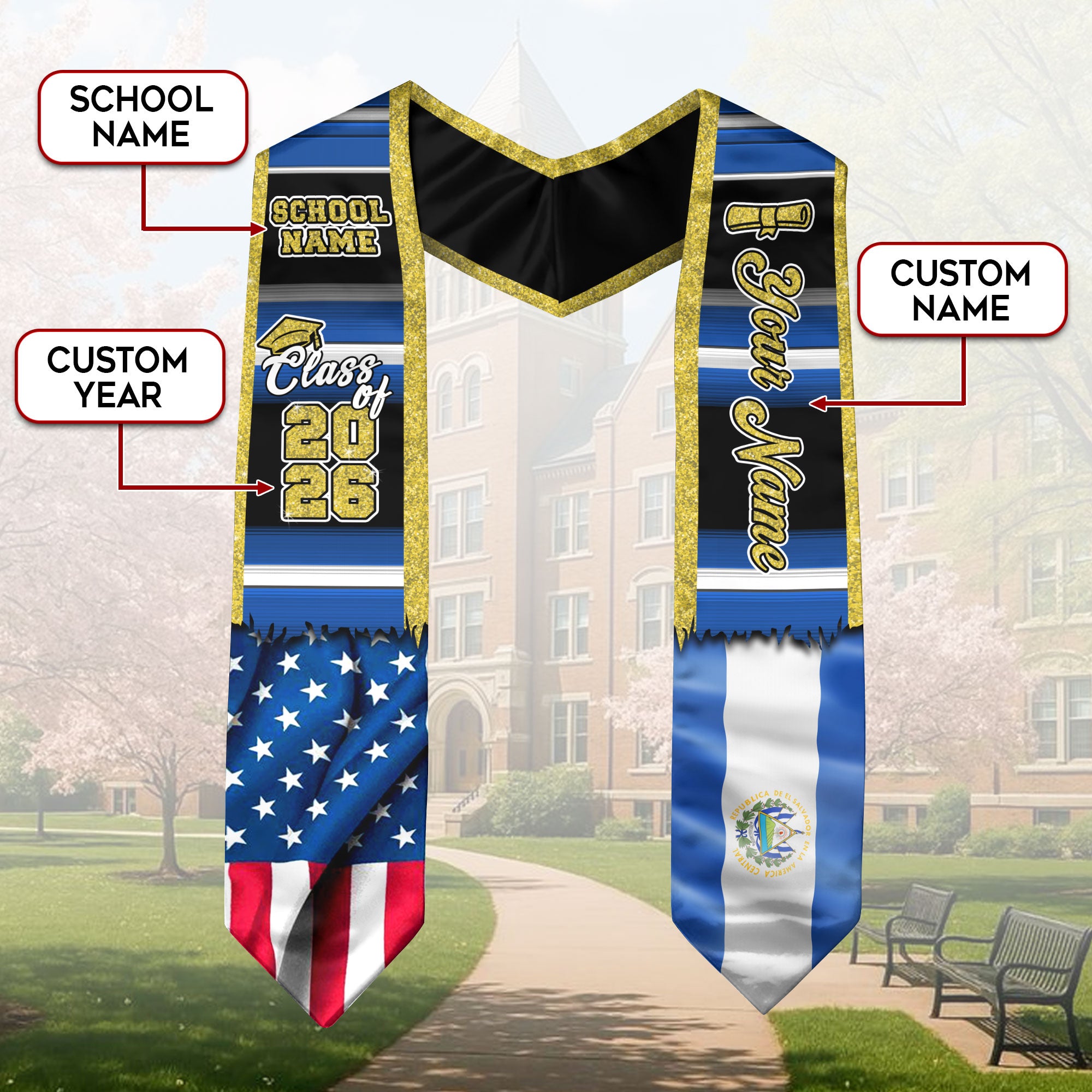 Customized El Salvador Graduation Stole with Salvadoran Flag Design, Graduation Sash for Class of 2026