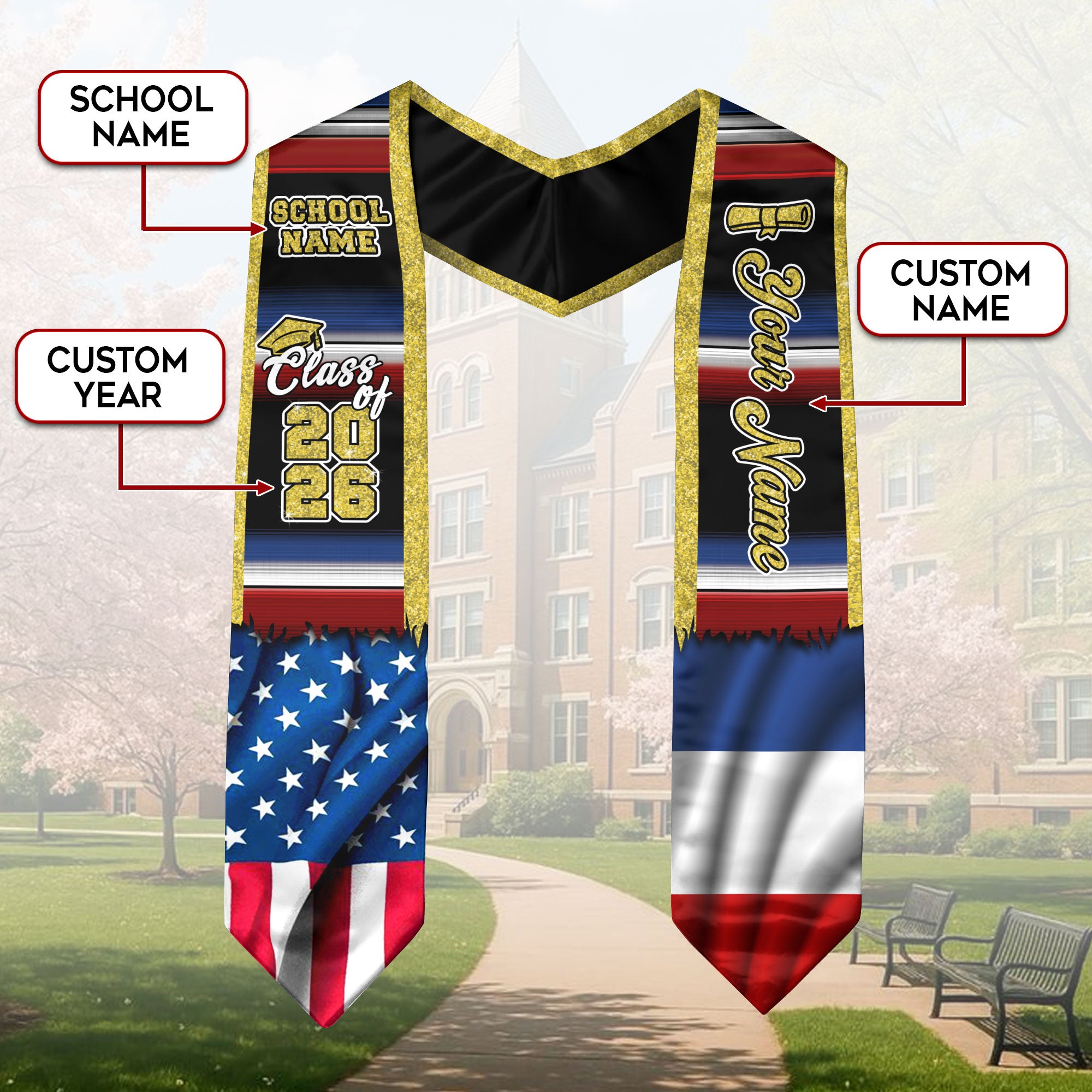 Customized France Graduation Stole with French Flag Inspired Accents, Graduation Sash for Class of 2026
