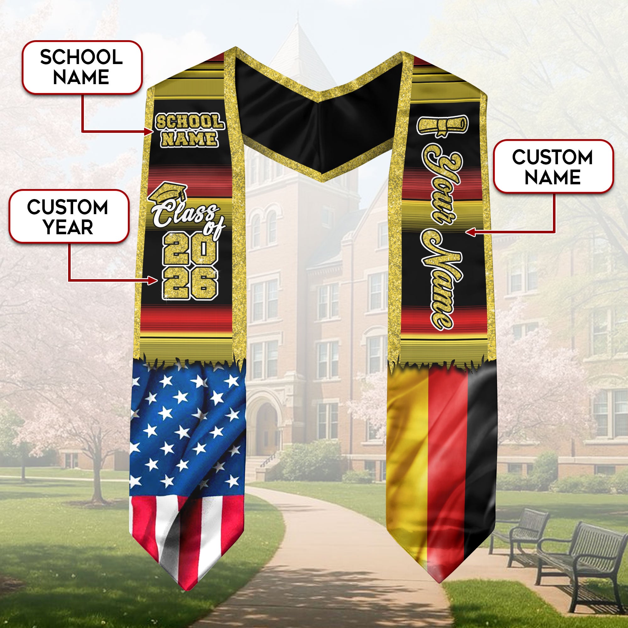 Customized Germany Graduation Stole Highlighting German Flag Design, Graduation Sash Class of 2026