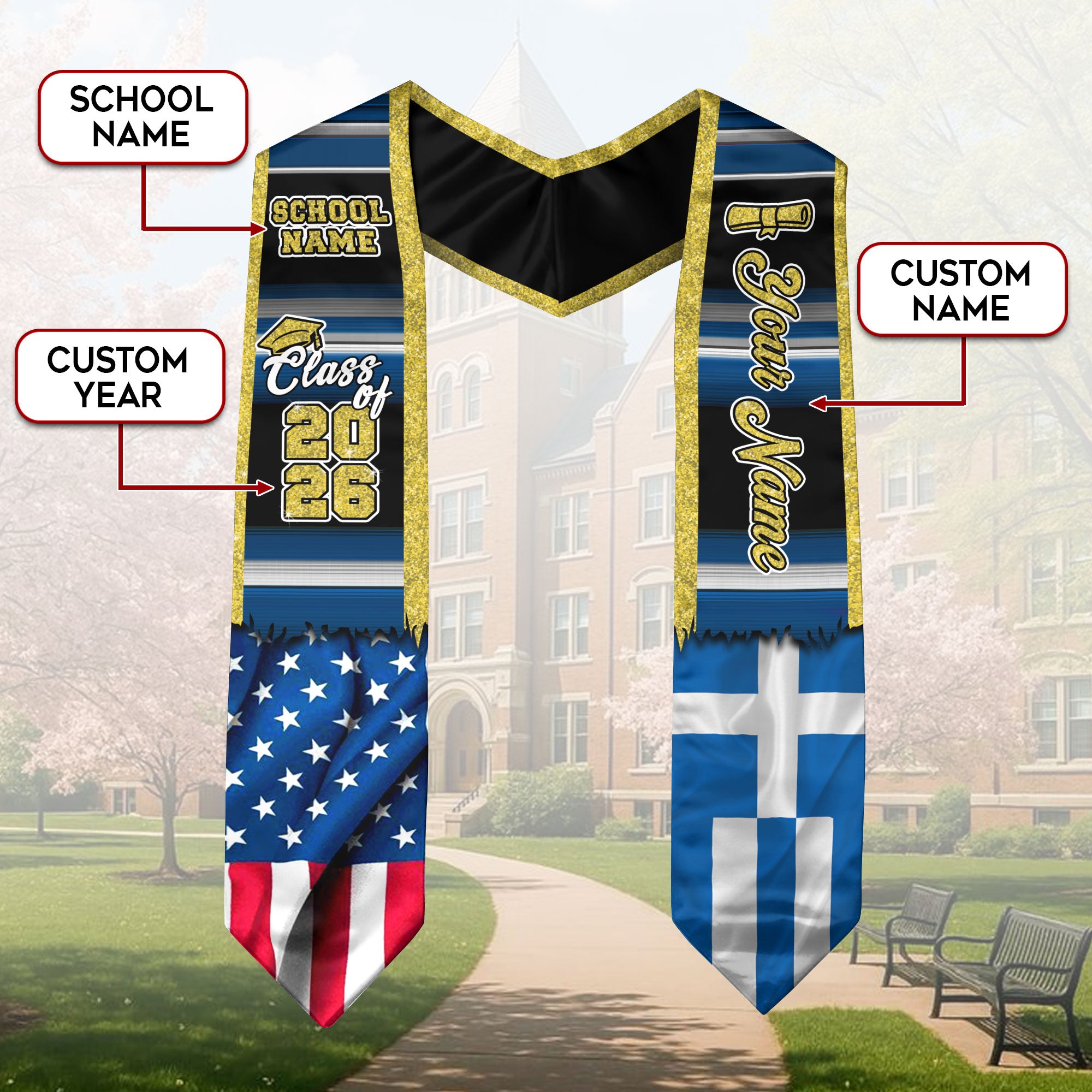 Customized Greece Graduation Stole Featuring Greek Flag Heritage Pattern, Graduation Sash for Class of 2026