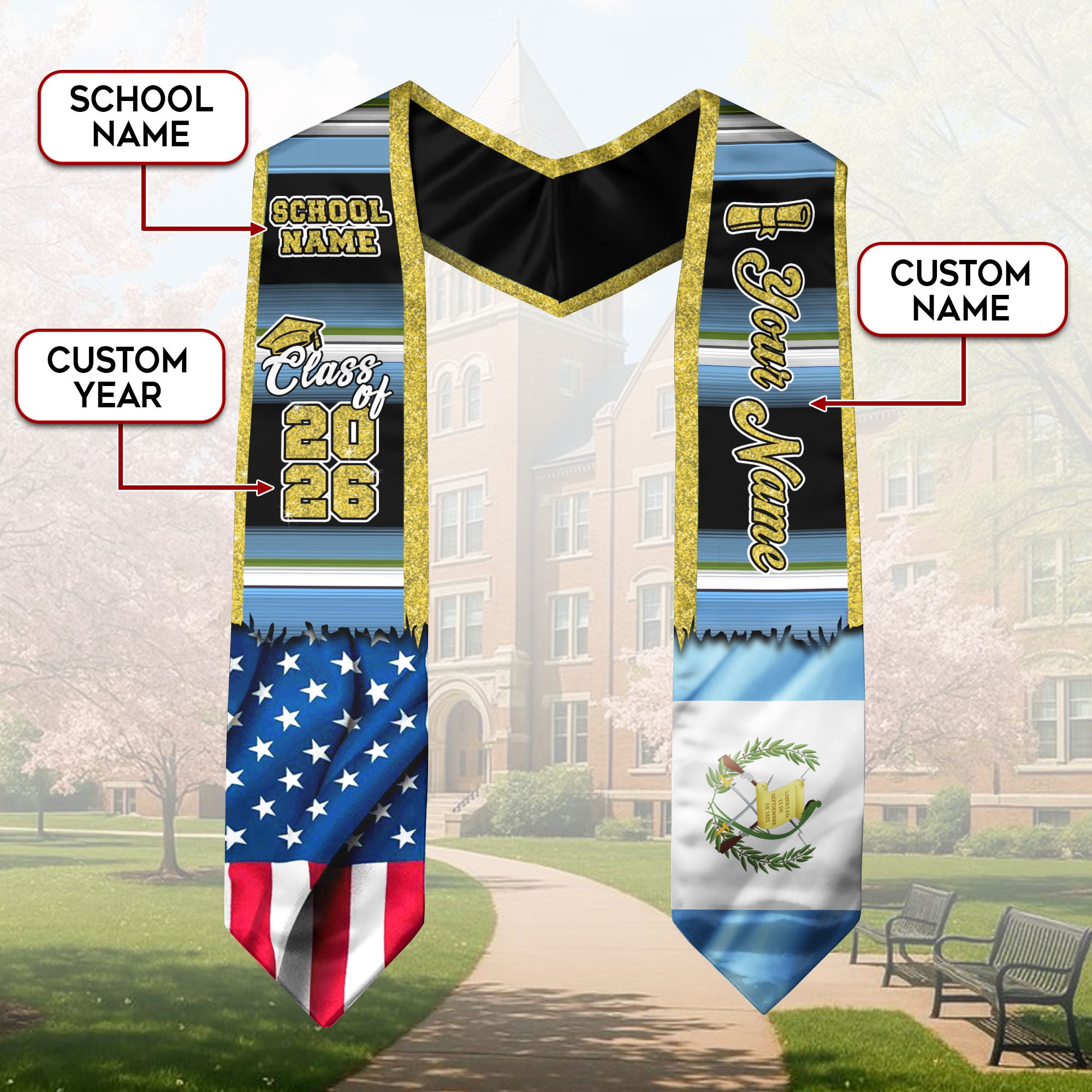 Customized Guatemala Graduation Stole with Guatemalan Flag Style Design, Graduation Sash Class of 2026